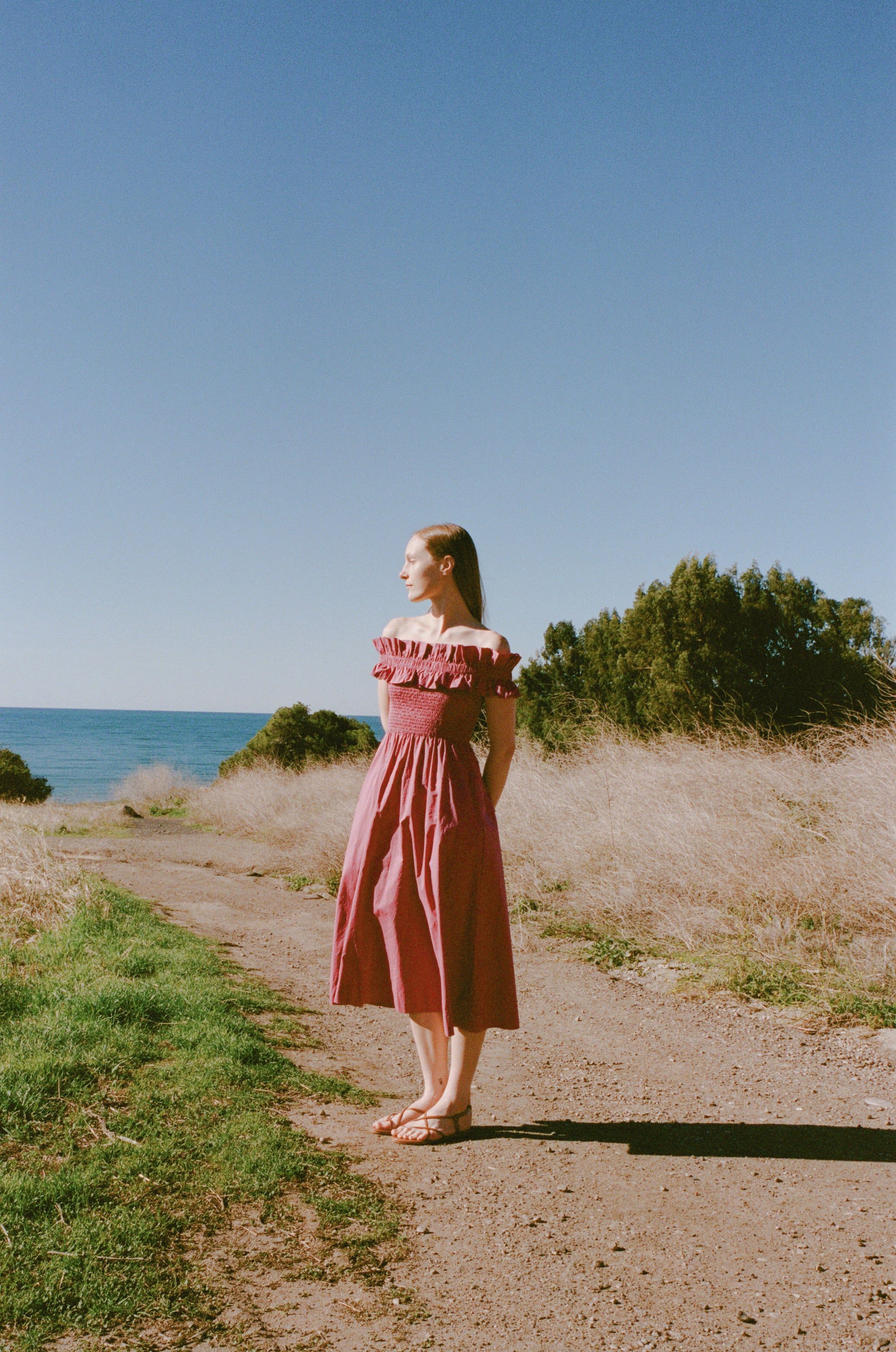 Off Shoulder Dress with Ruffles in Wild Rose