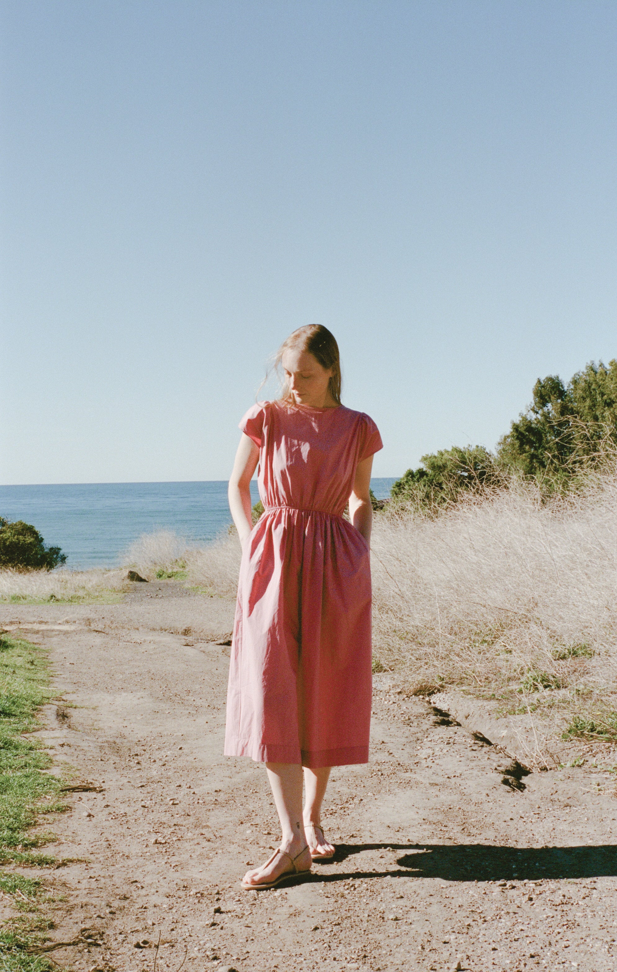 Cotton Gathered Waist Dress in Tea Rose