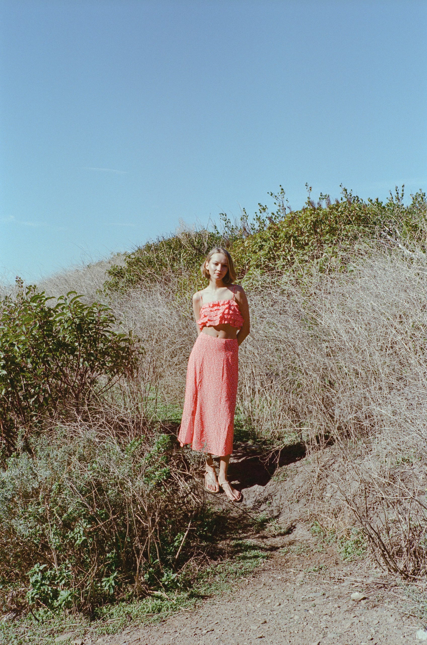 Cotton Blend Skirt with Slit in Red Bloom