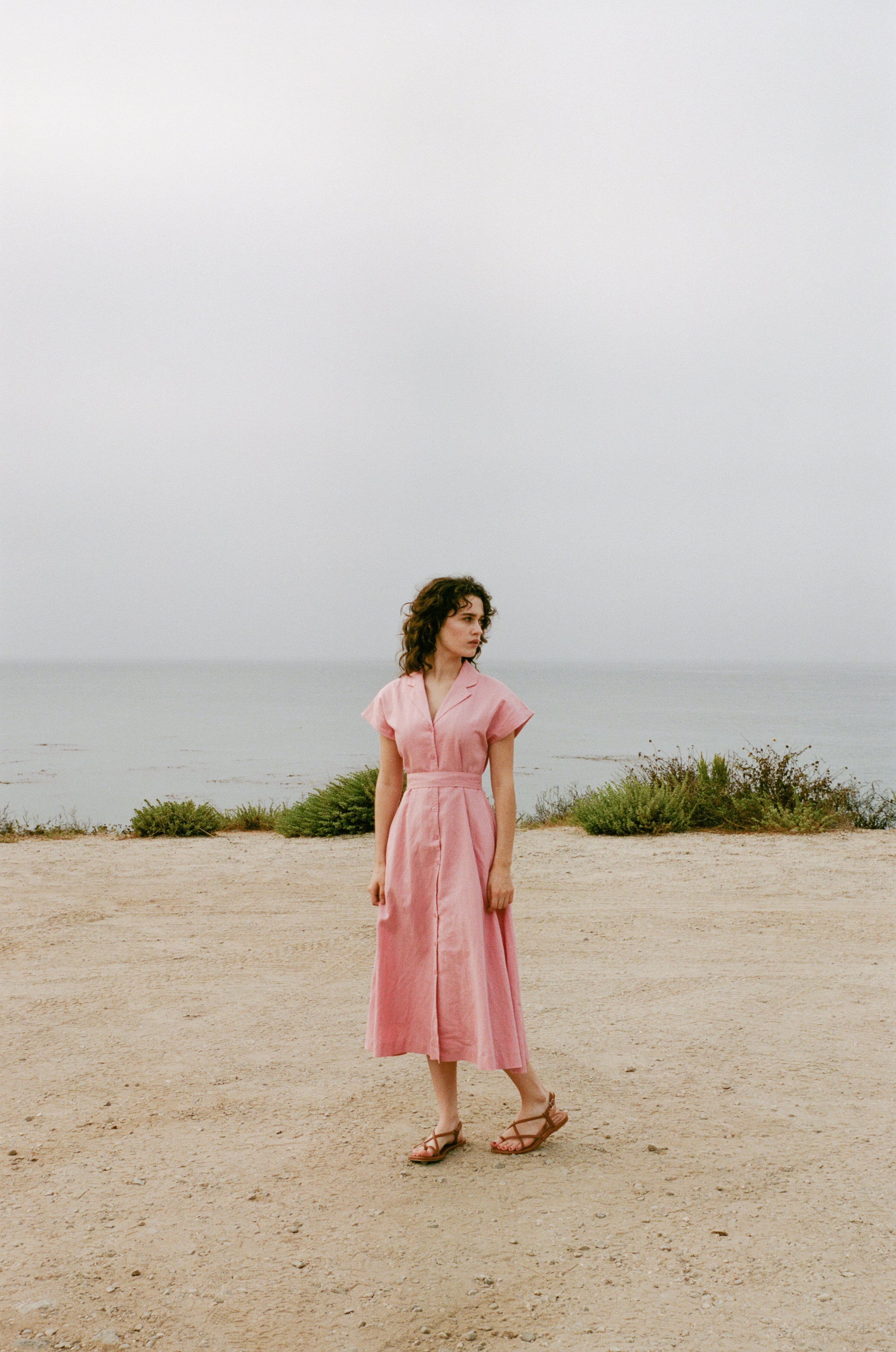 Linen Collared Midi Dress in Pink