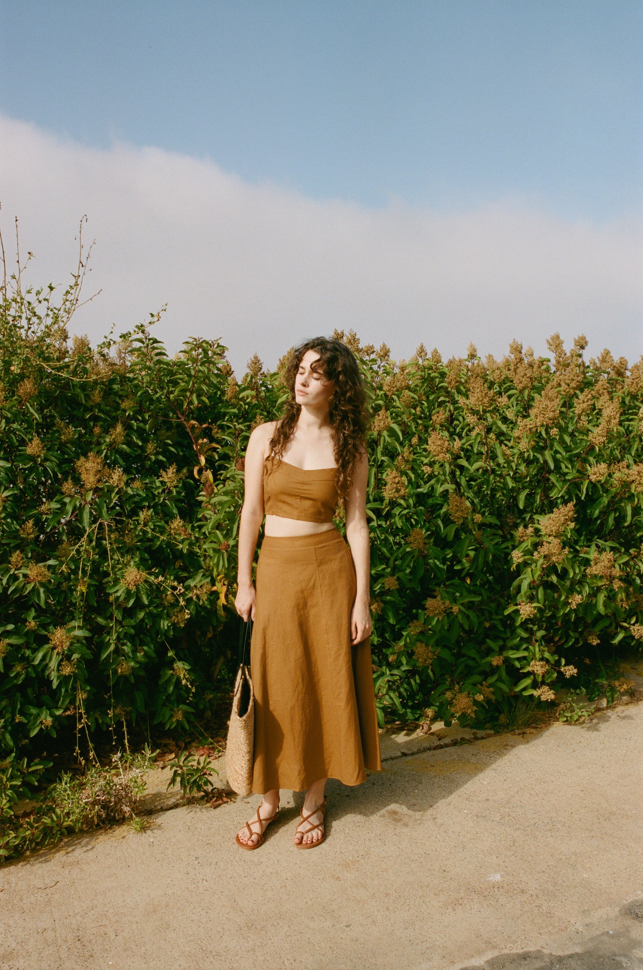 Linen Flared Midi Skirt in Brown