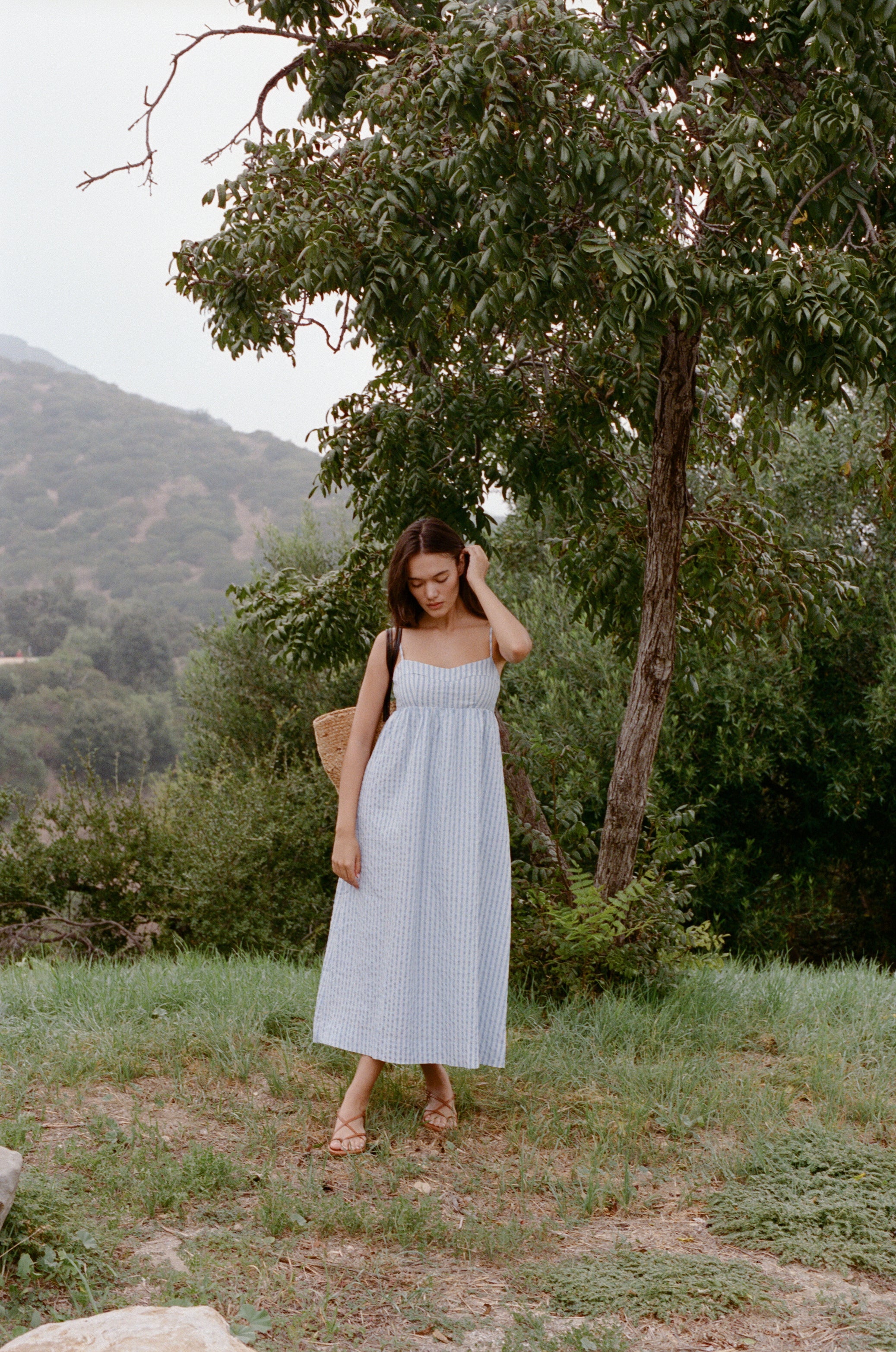 Bustier Gathered Midi Dress in Stripe Blue