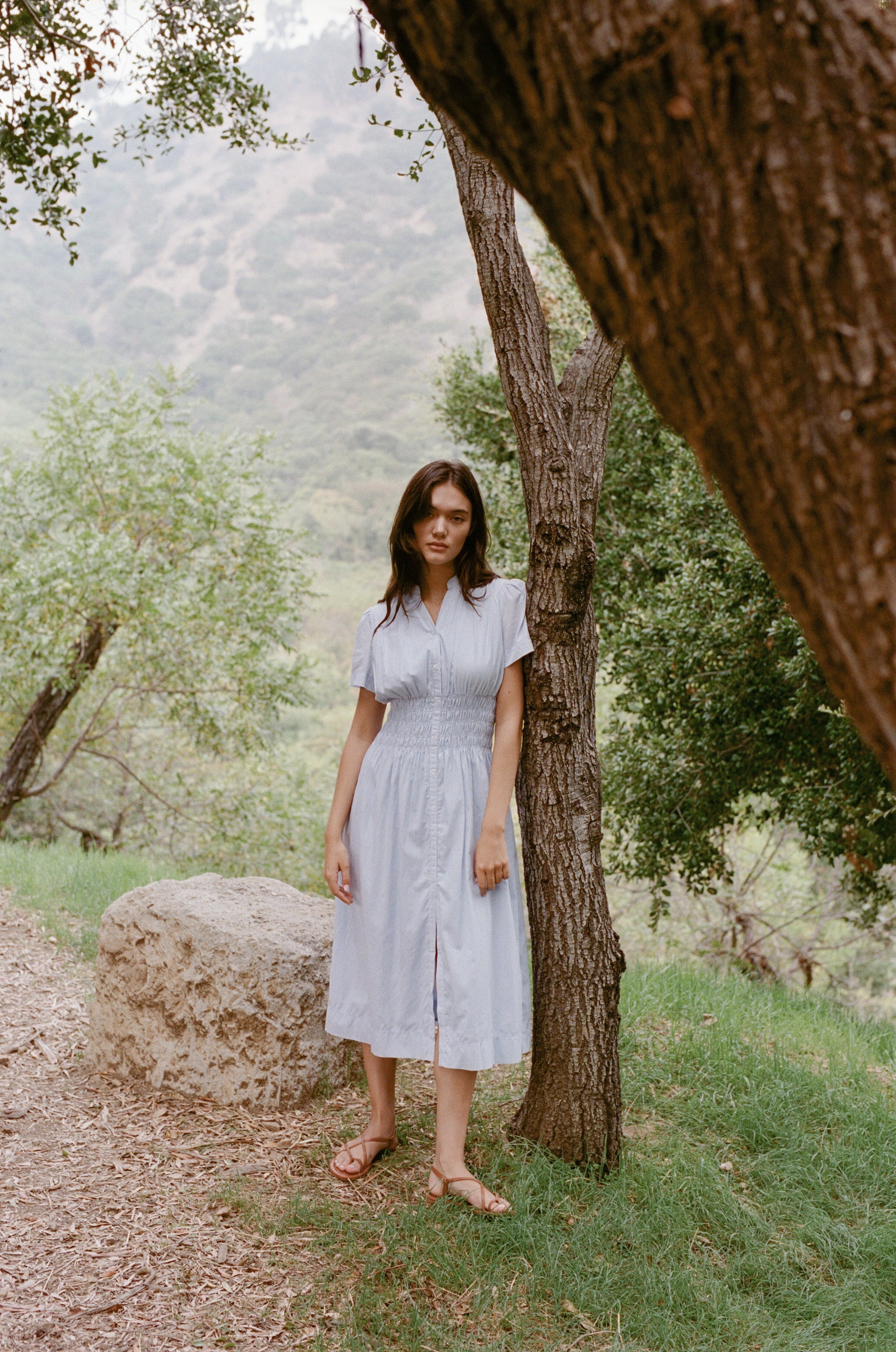 Shirred Shirt Dress in Stripe Blue