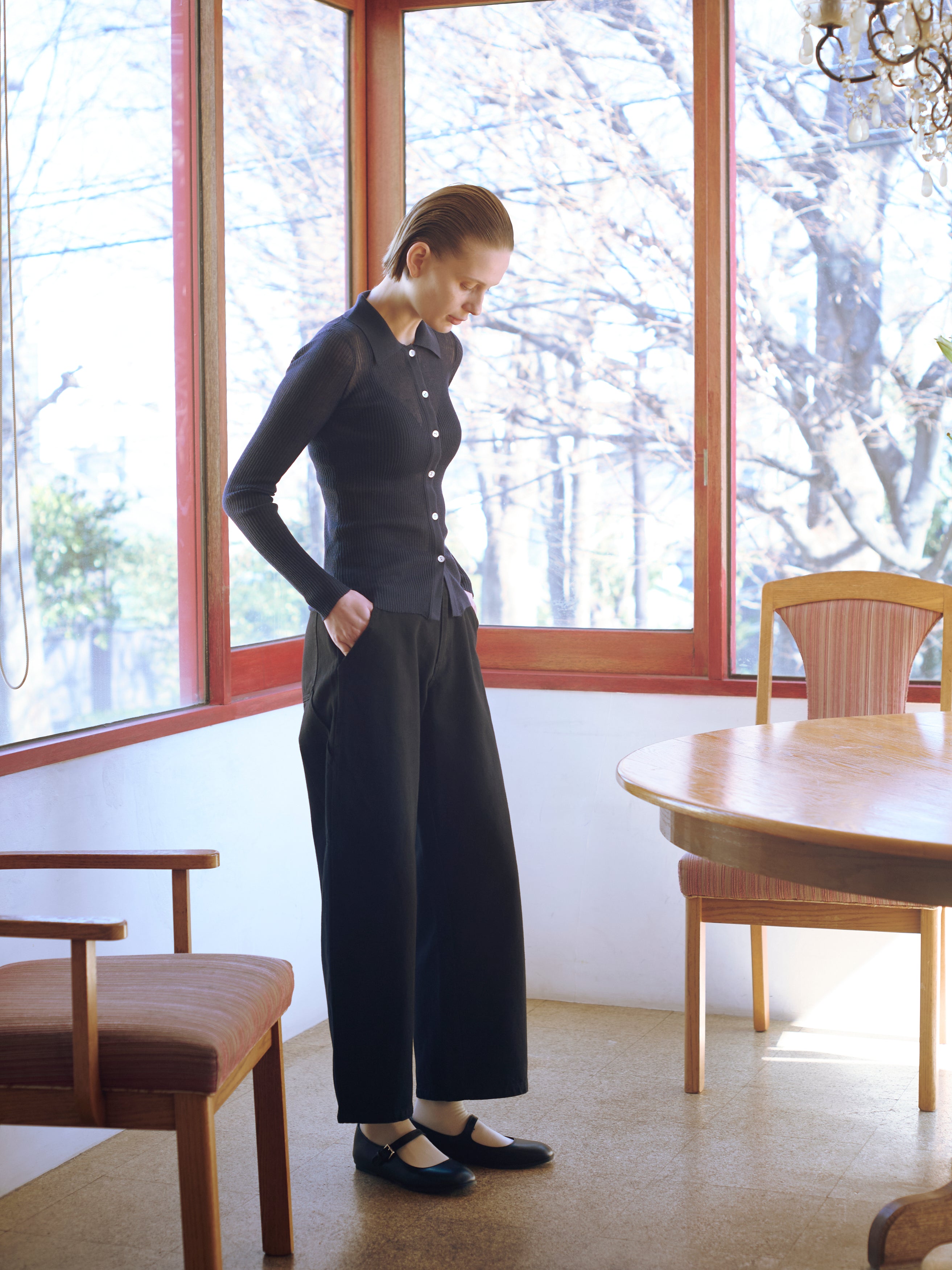 Fitted Sheer Knit Collared Top in Midnight