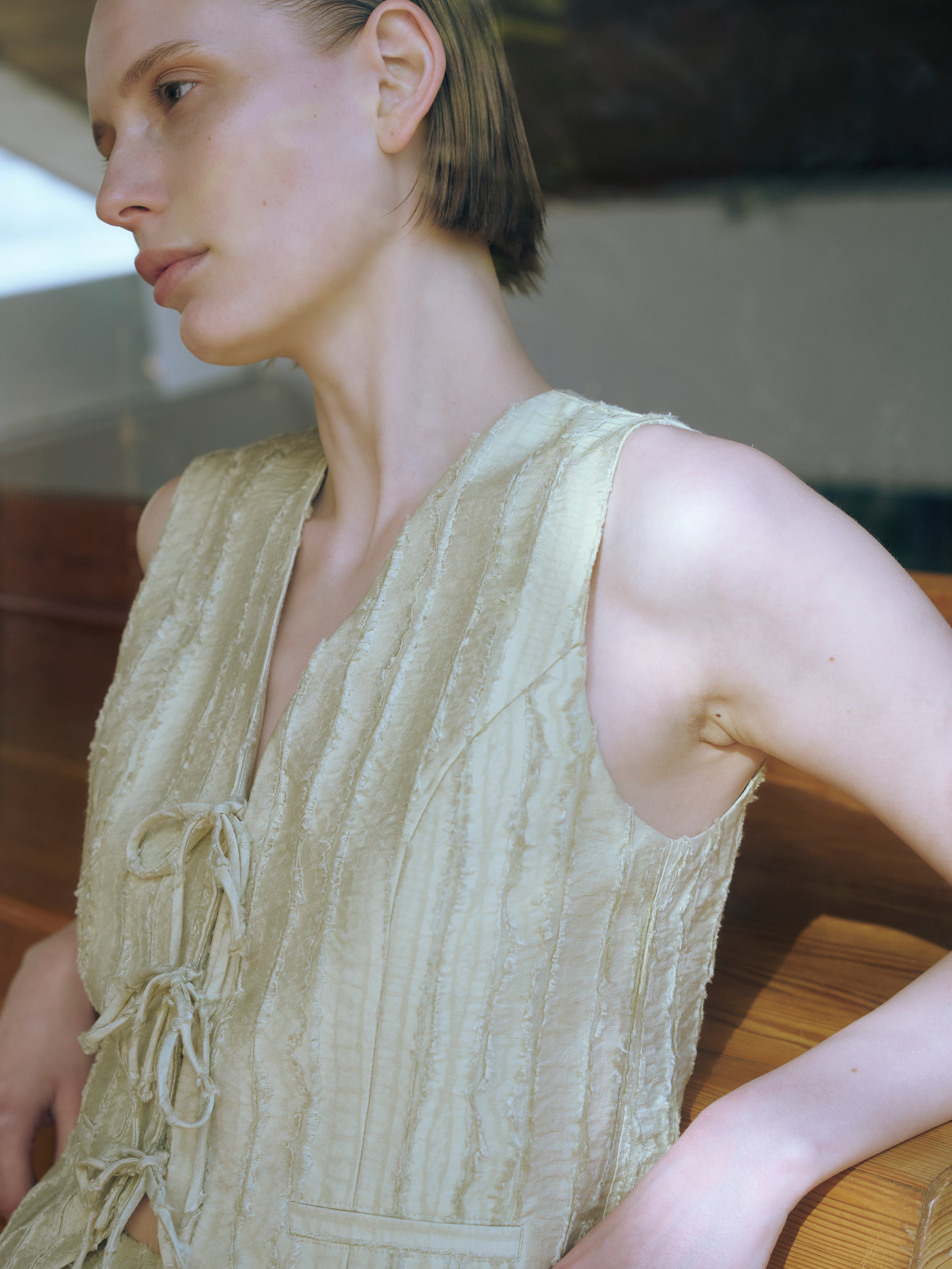 Soft Textured Sleeveless Tie-Detailed Waistcoat in Sage