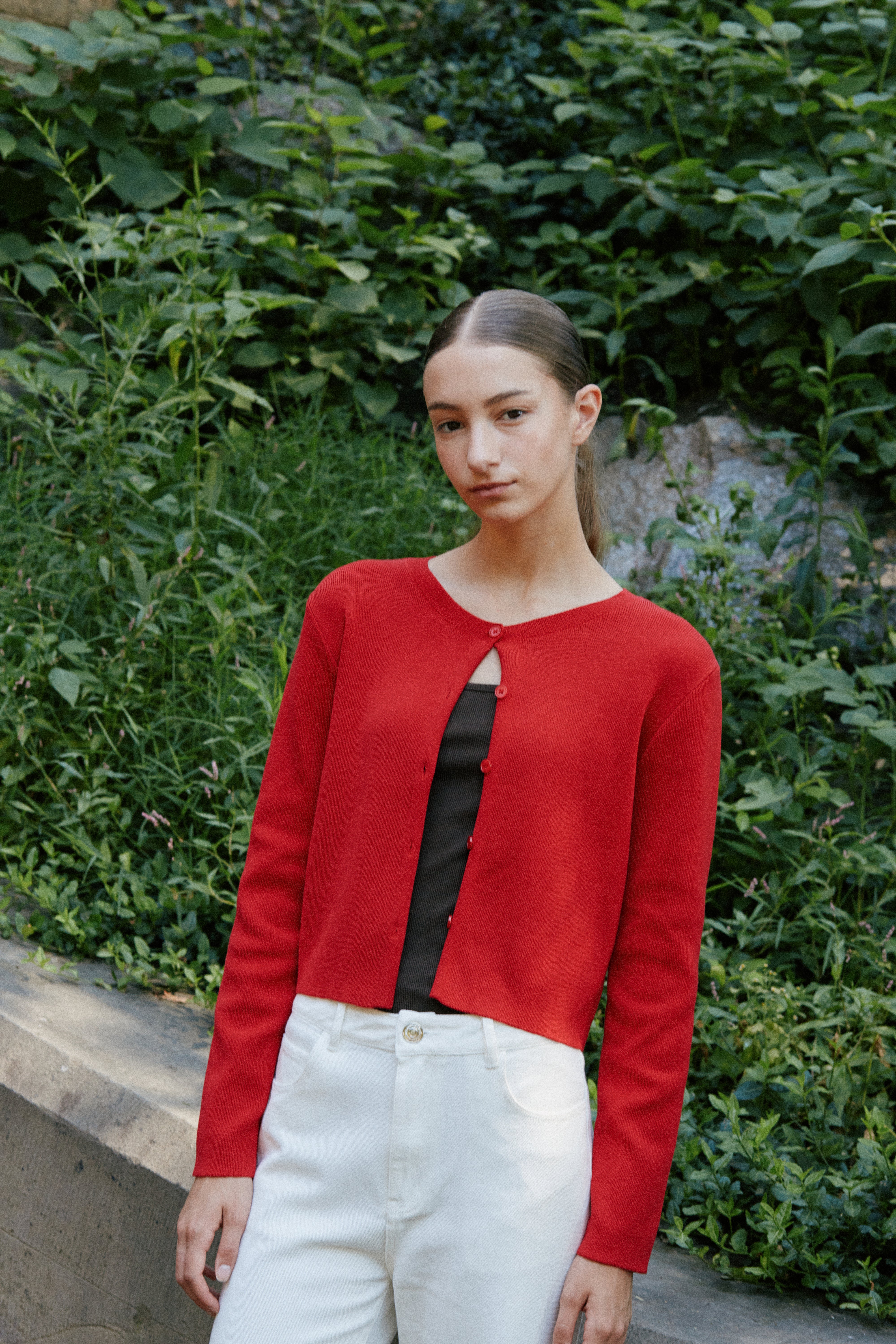 Round-Neck Knitted Cardigan in Scarlet Red