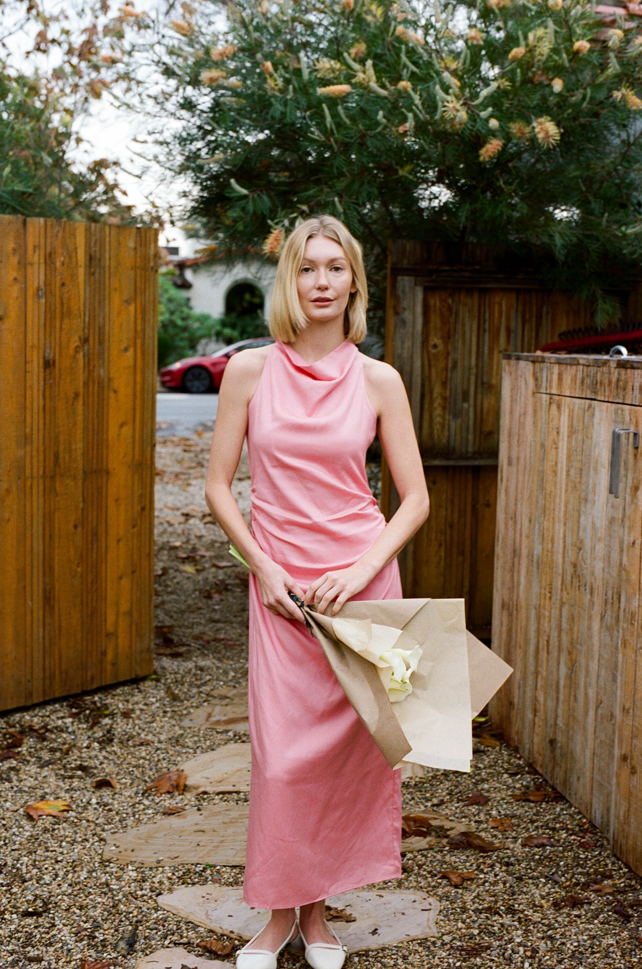Draped Neck Halter Ruched Midi Dress in Pink