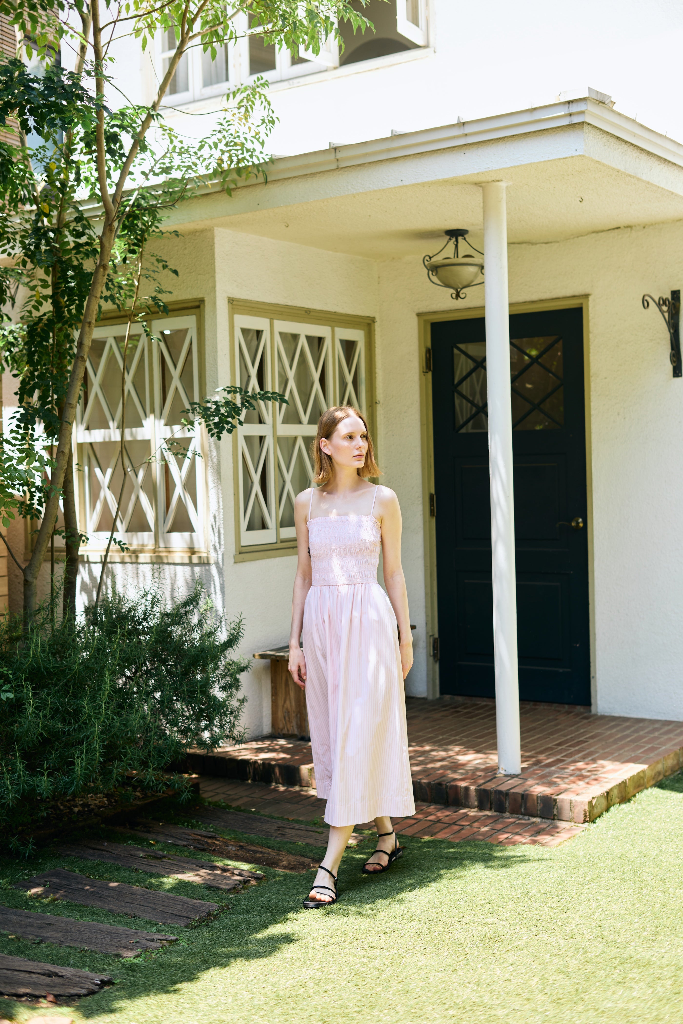 Cami Shirred Midi Dress in Roseate Stripe