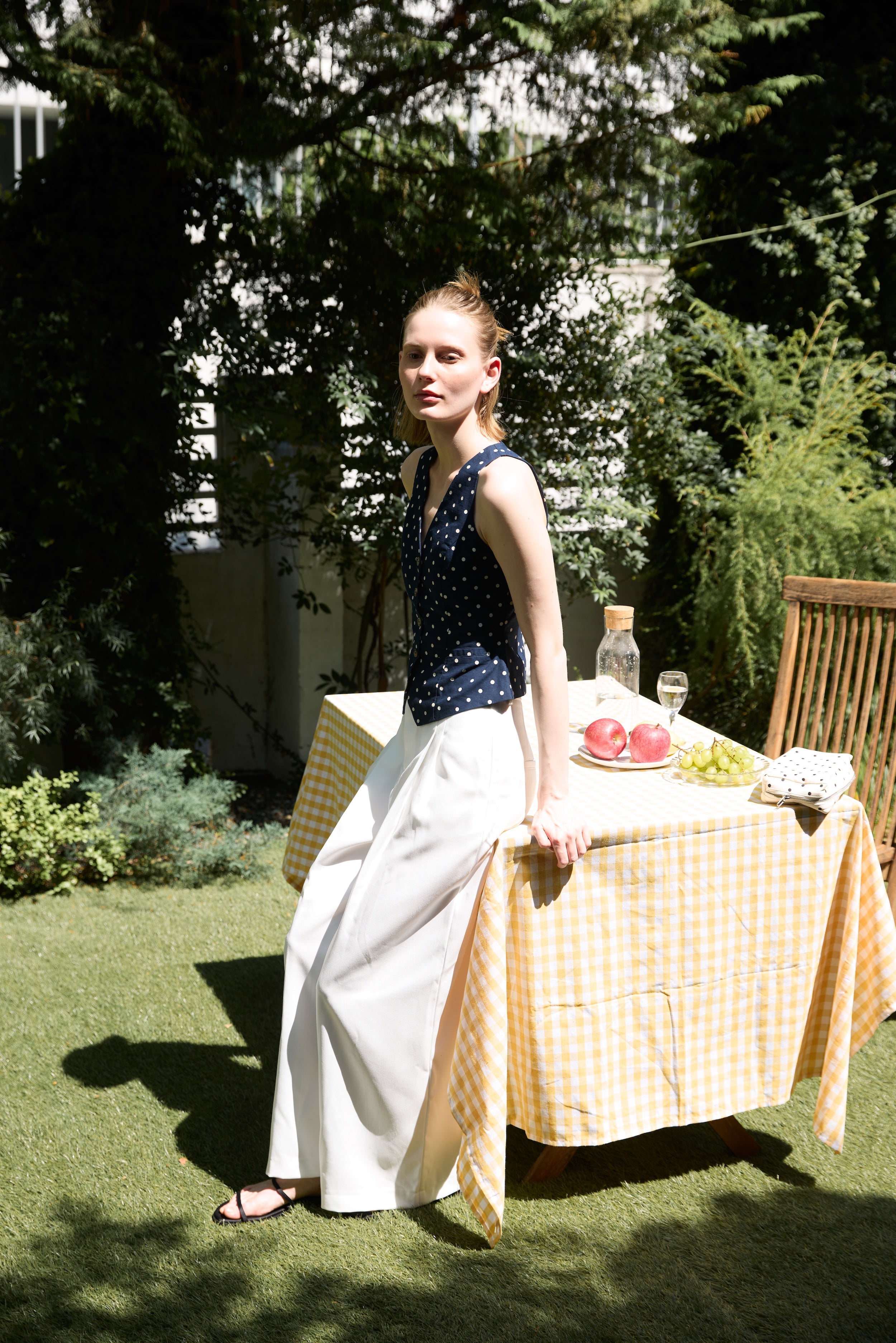 Linear Pleat Wide-Leg Trousers in White