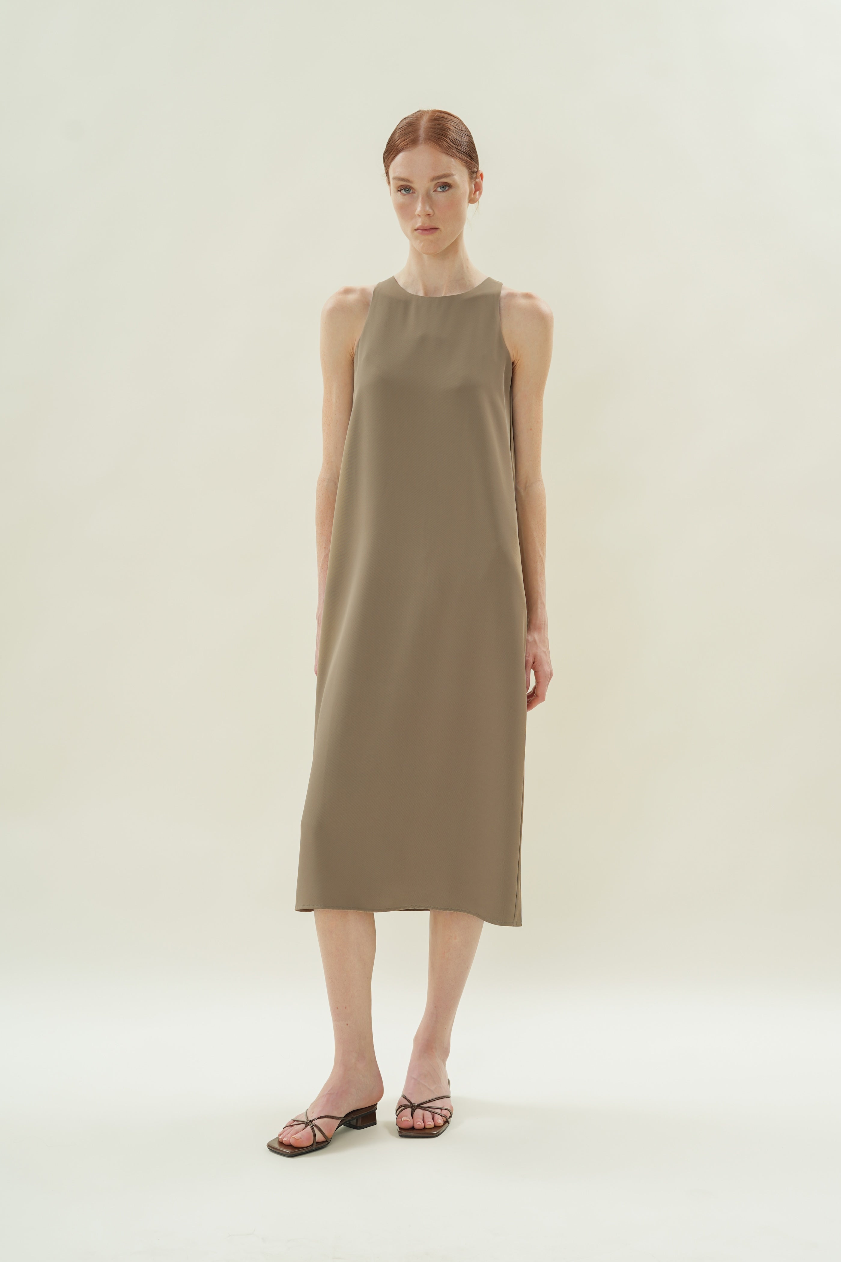 Round Neck Midi Dress in Taupe