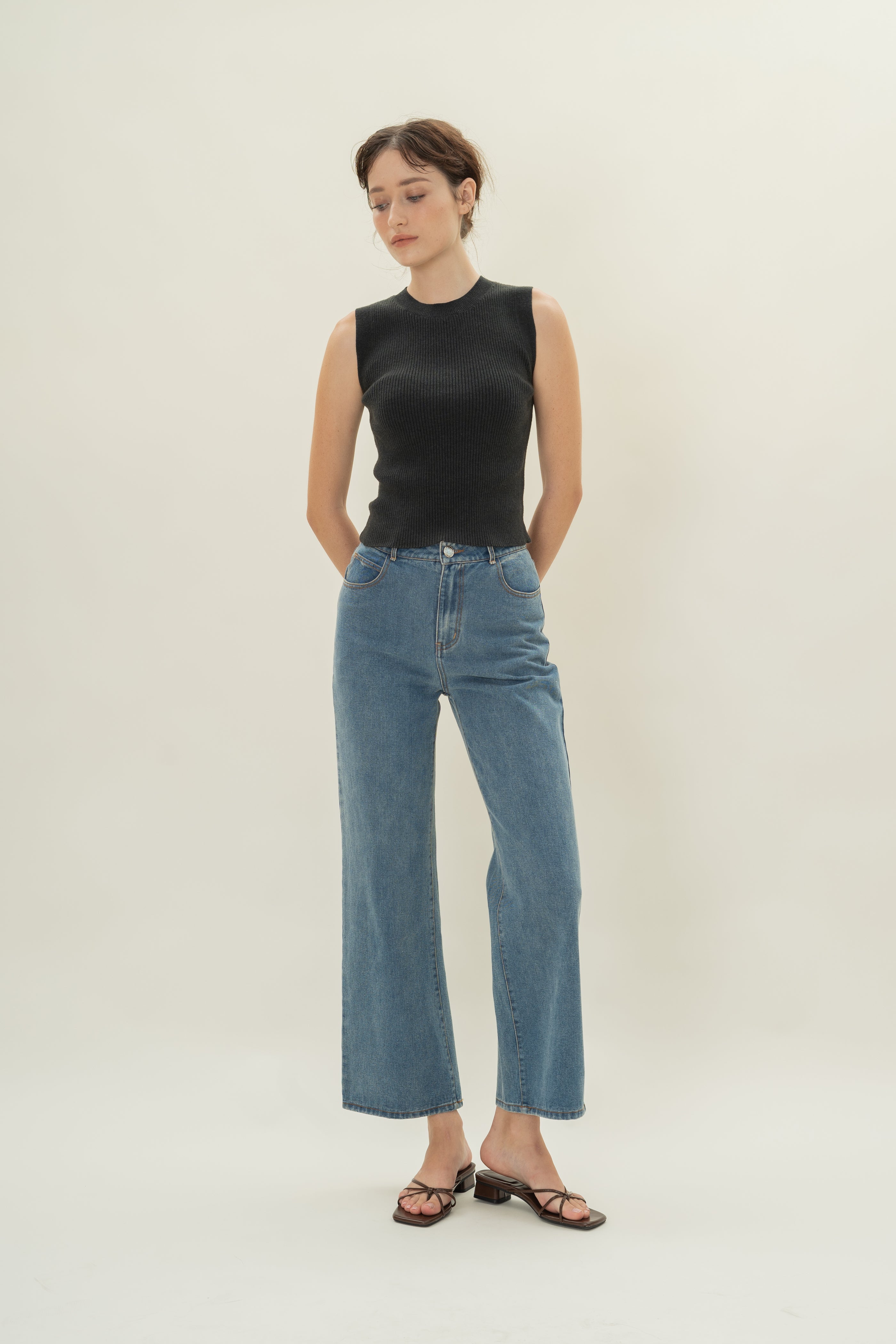 Knitted Tank with Rib Trimmings in Midnight