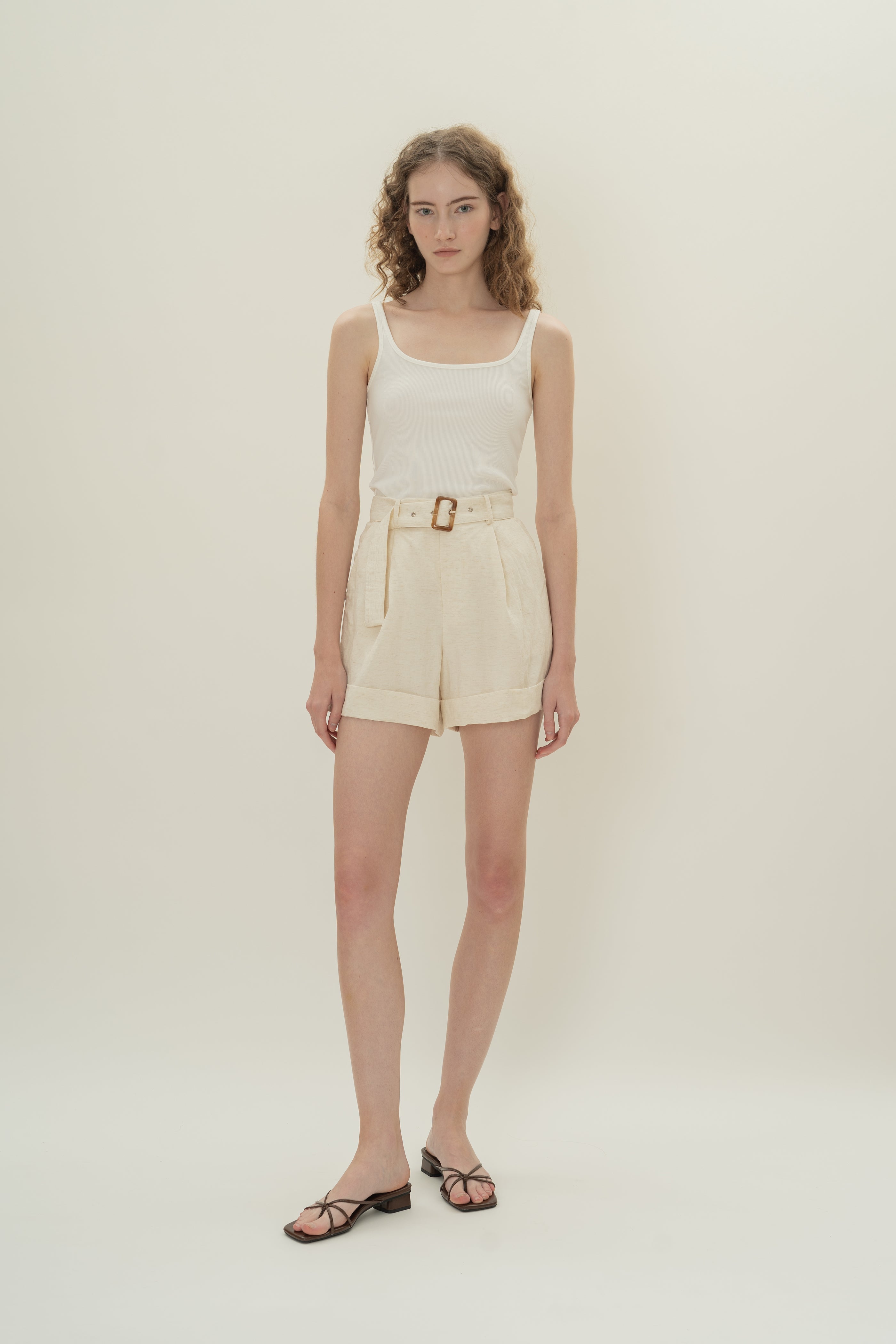 Belted Pleated Shorts in White