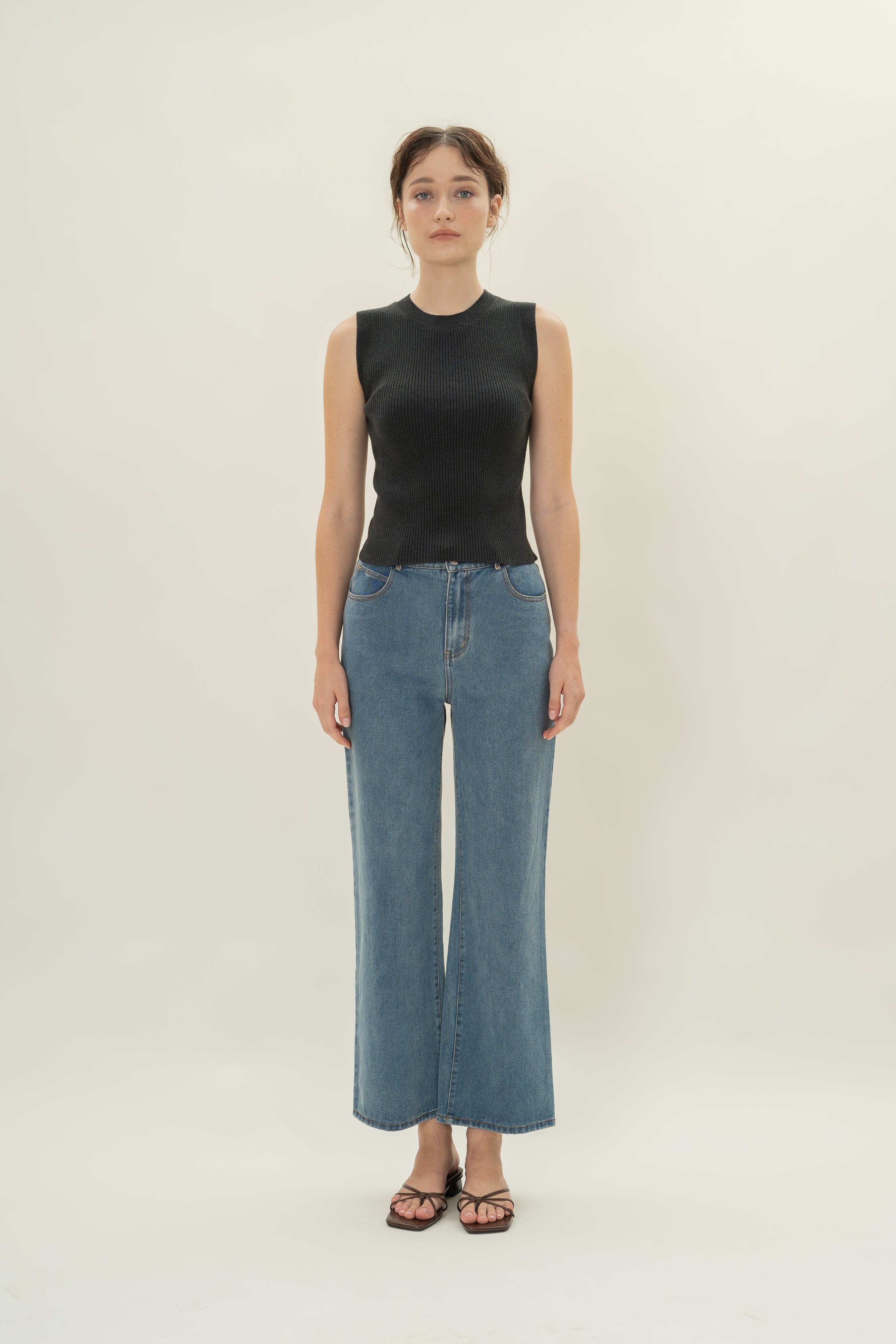 Knitted Tank with Rib Trimmings in Midnight