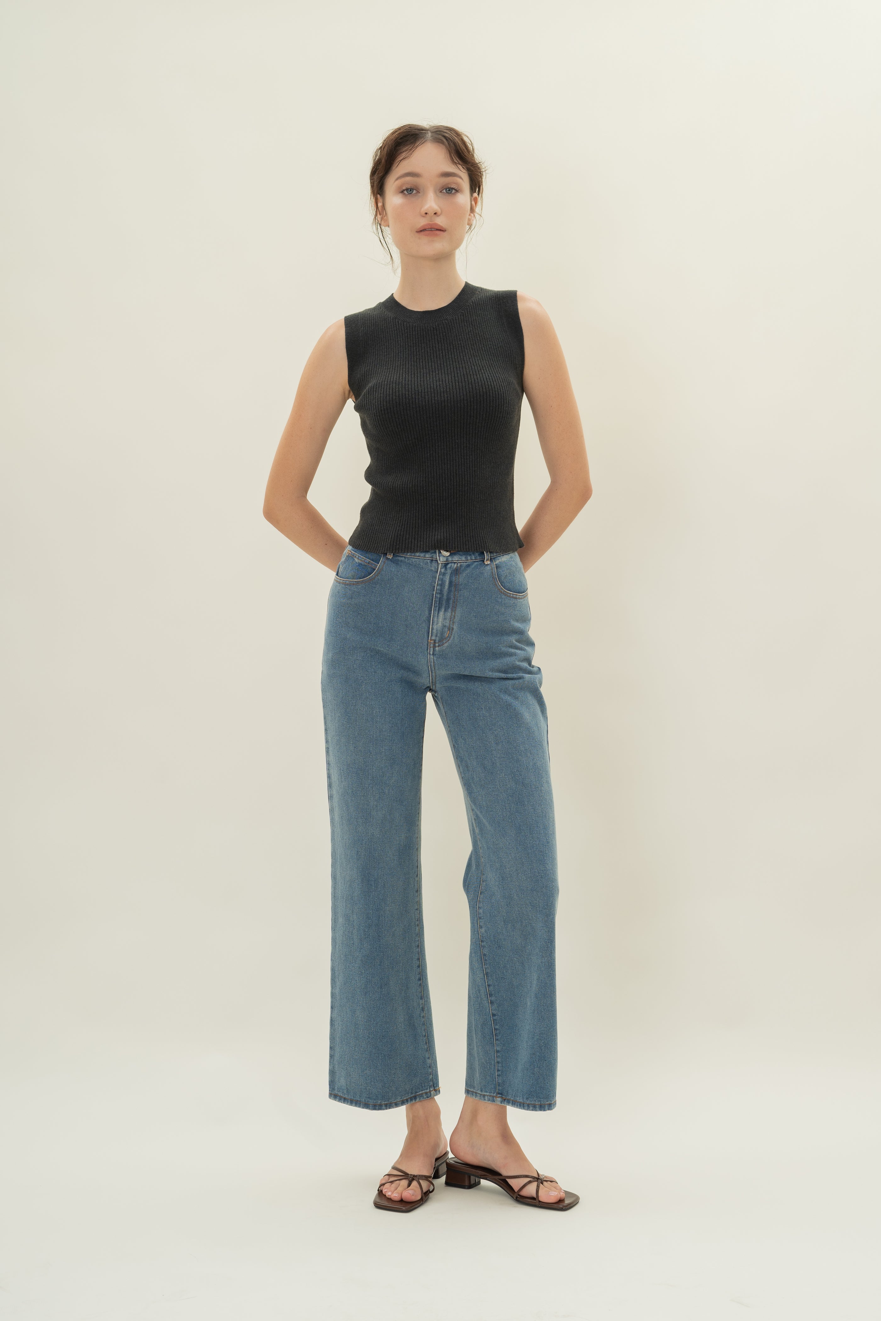 Knitted Tank with Rib Trimmings in Midnight