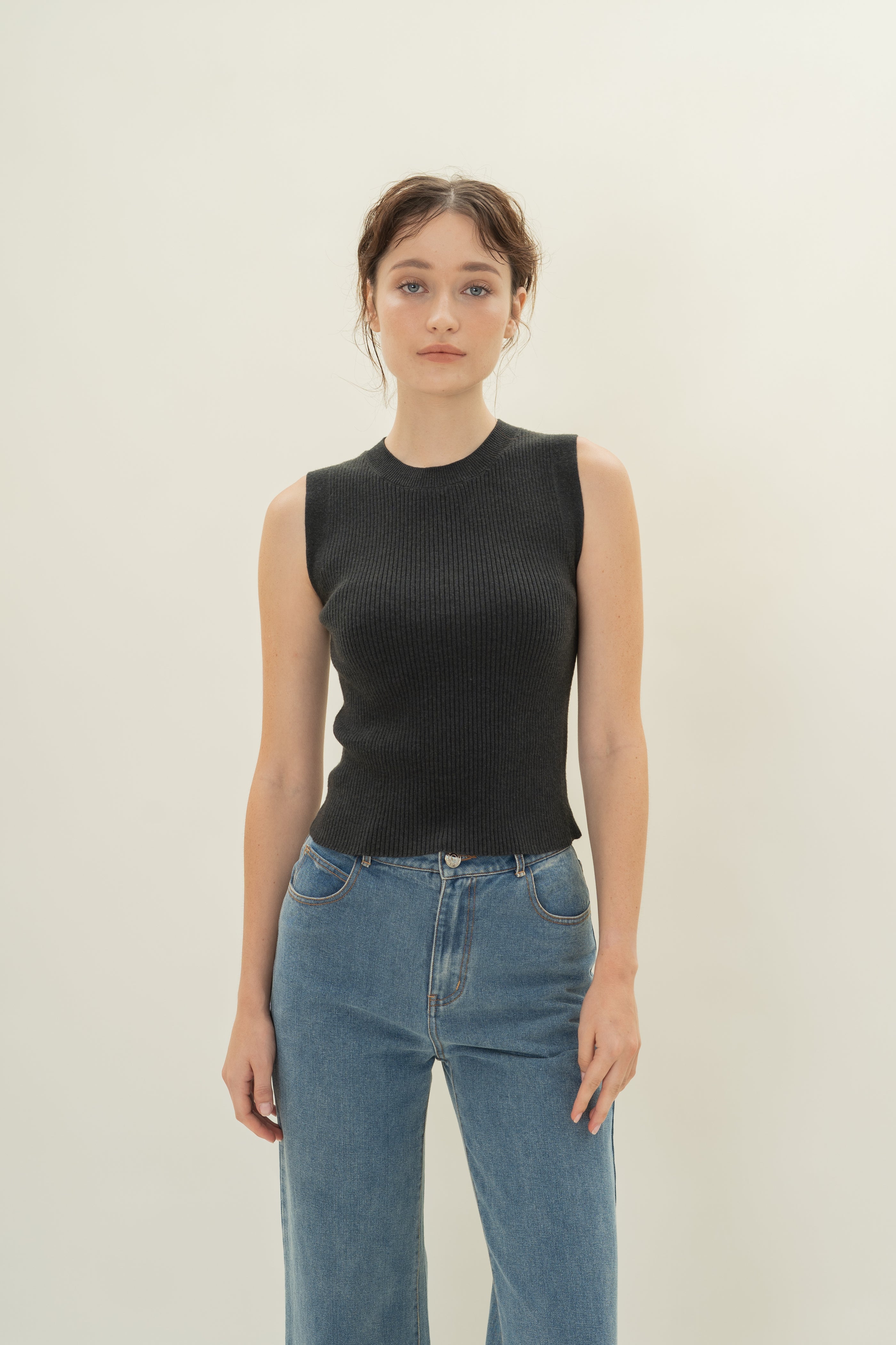 Knitted Tank with Rib Trimmings in Midnight