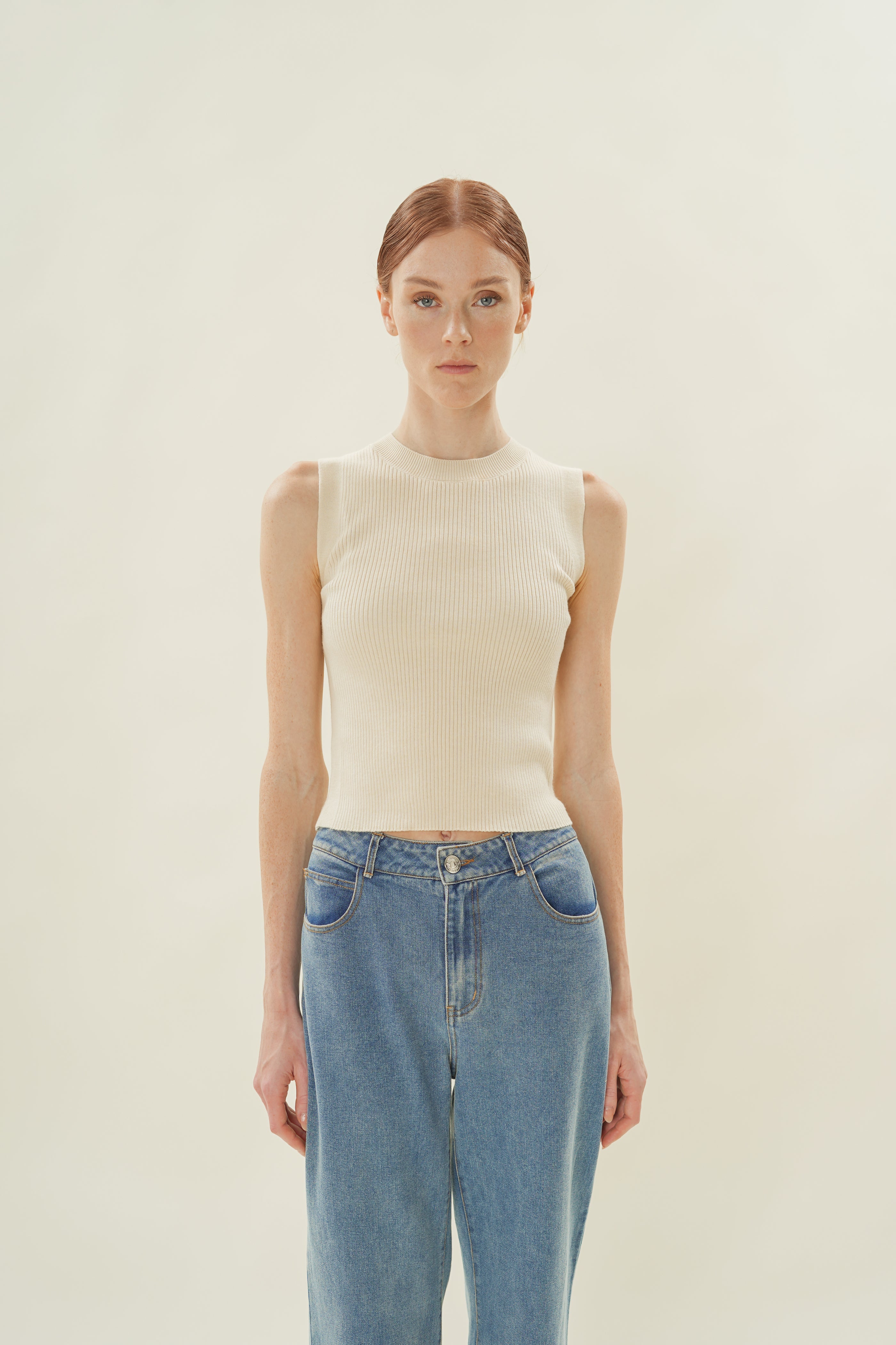 Knitted Tank with Rib Trimmings in Natural