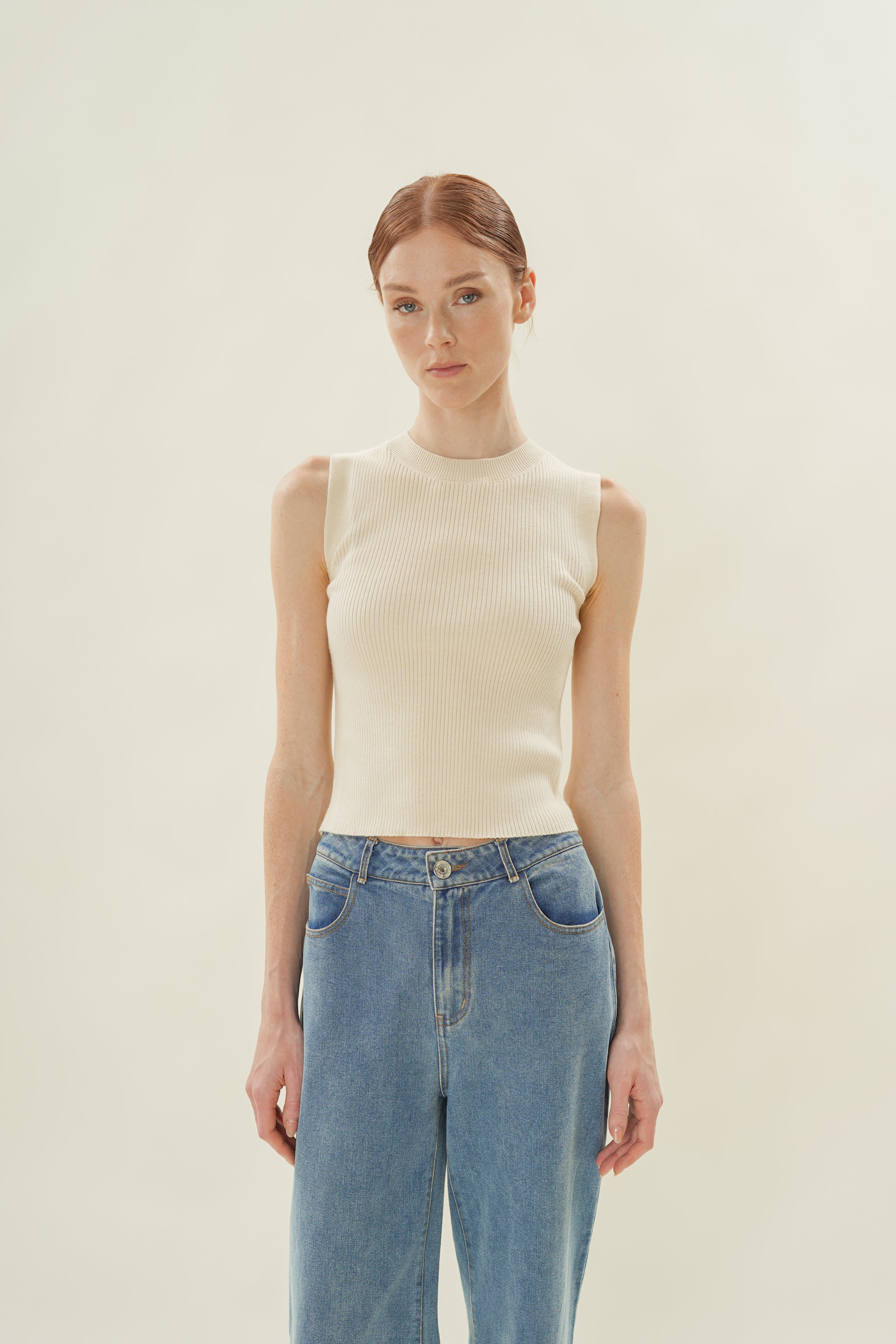 Knitted Tank with Rib Trimmings in Natural