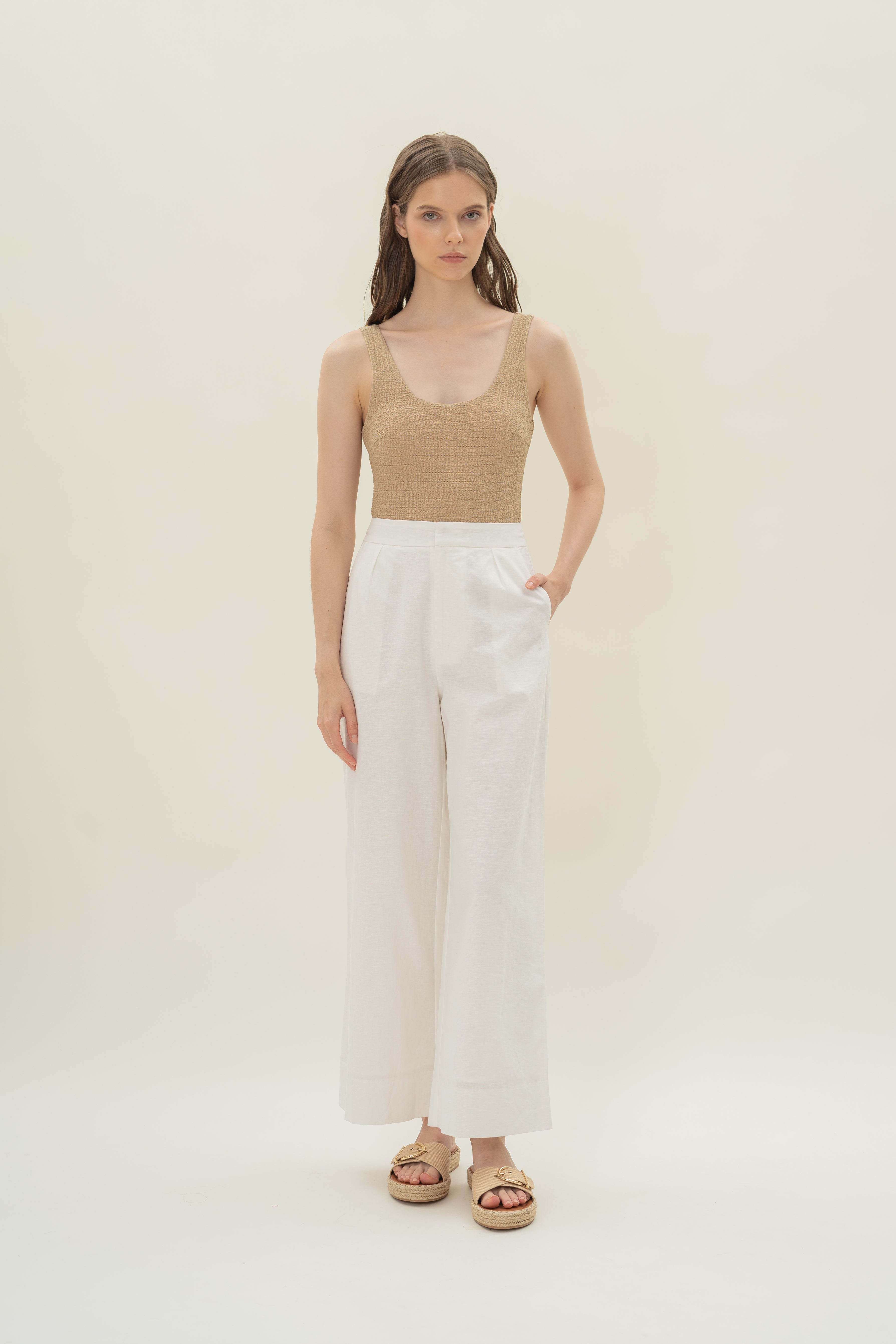 Textured Stretch Bodysuit in Sand