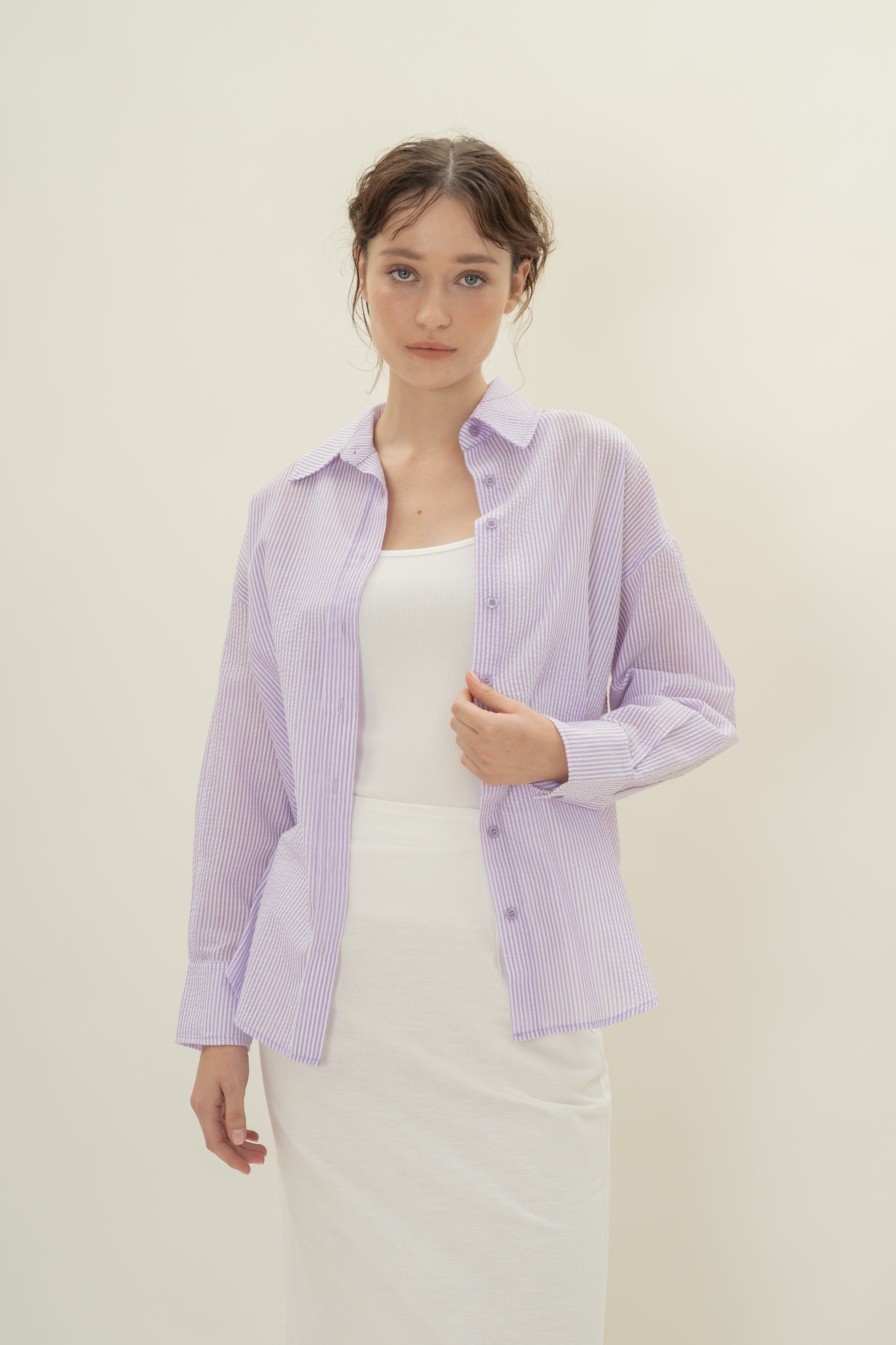 Cruise Long Sleeved Shirt in Seersucker Orchid Stripes