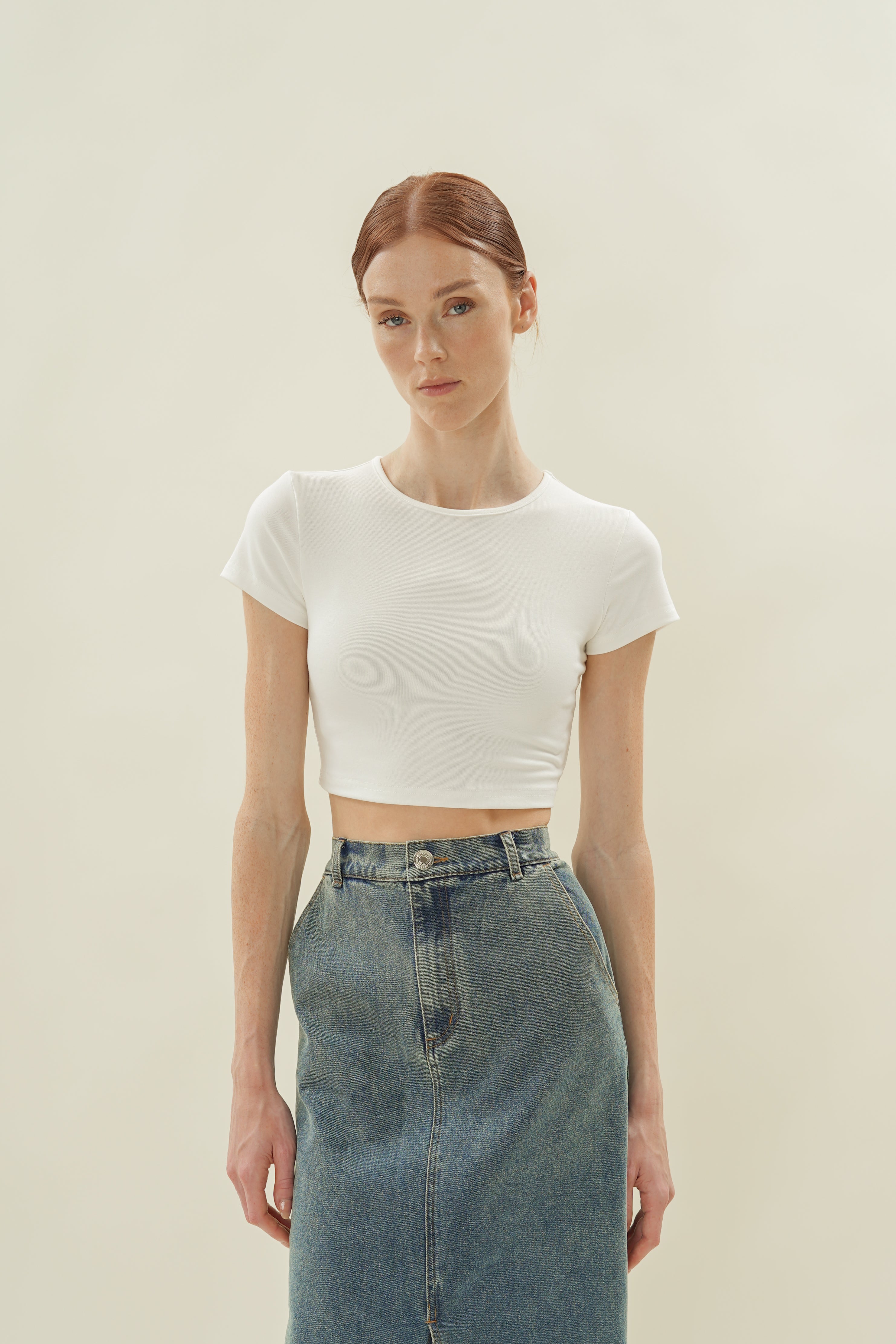 Stretch Cropped Mini Baby Tee in White