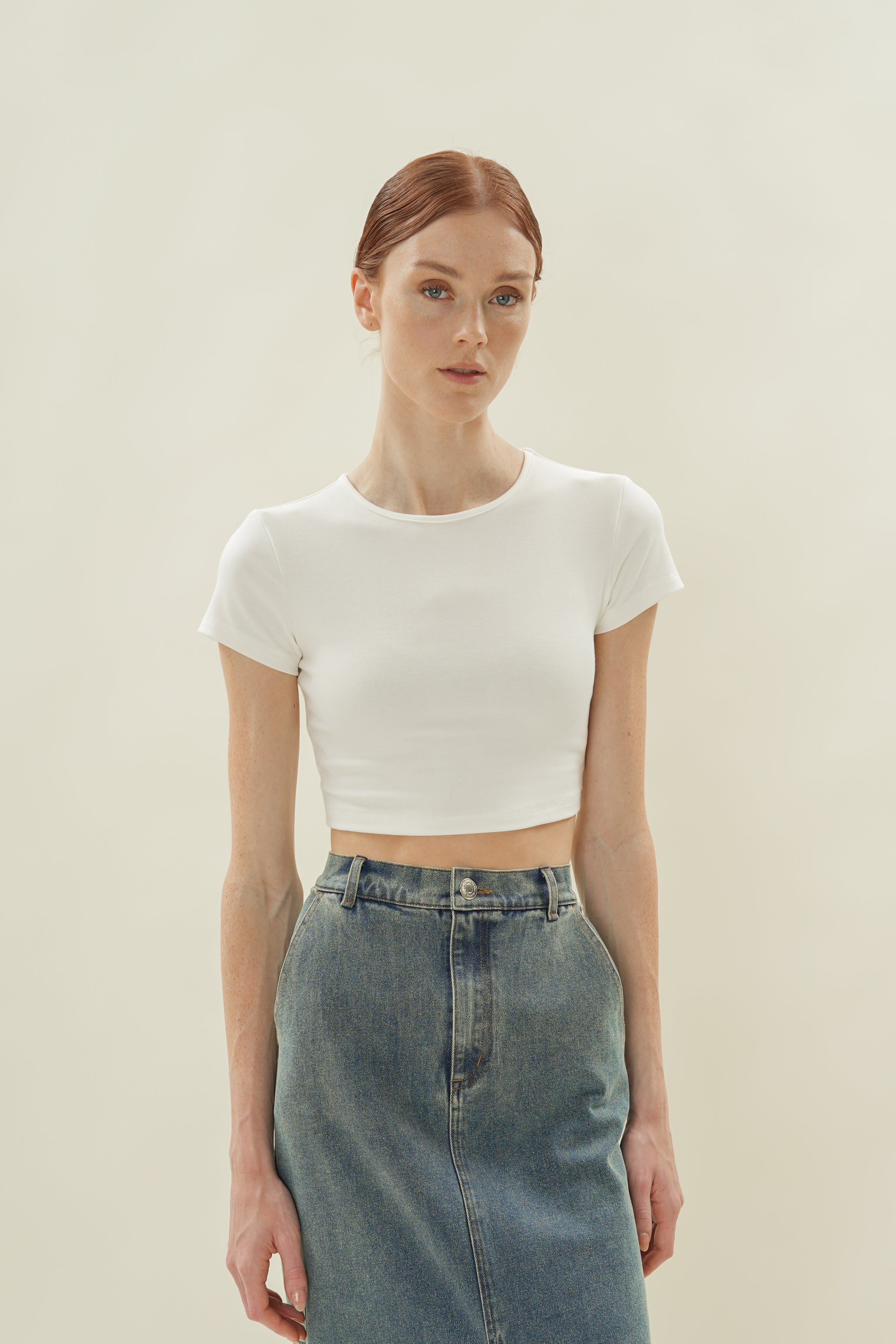 Stretch Cropped Mini Baby Tee in White