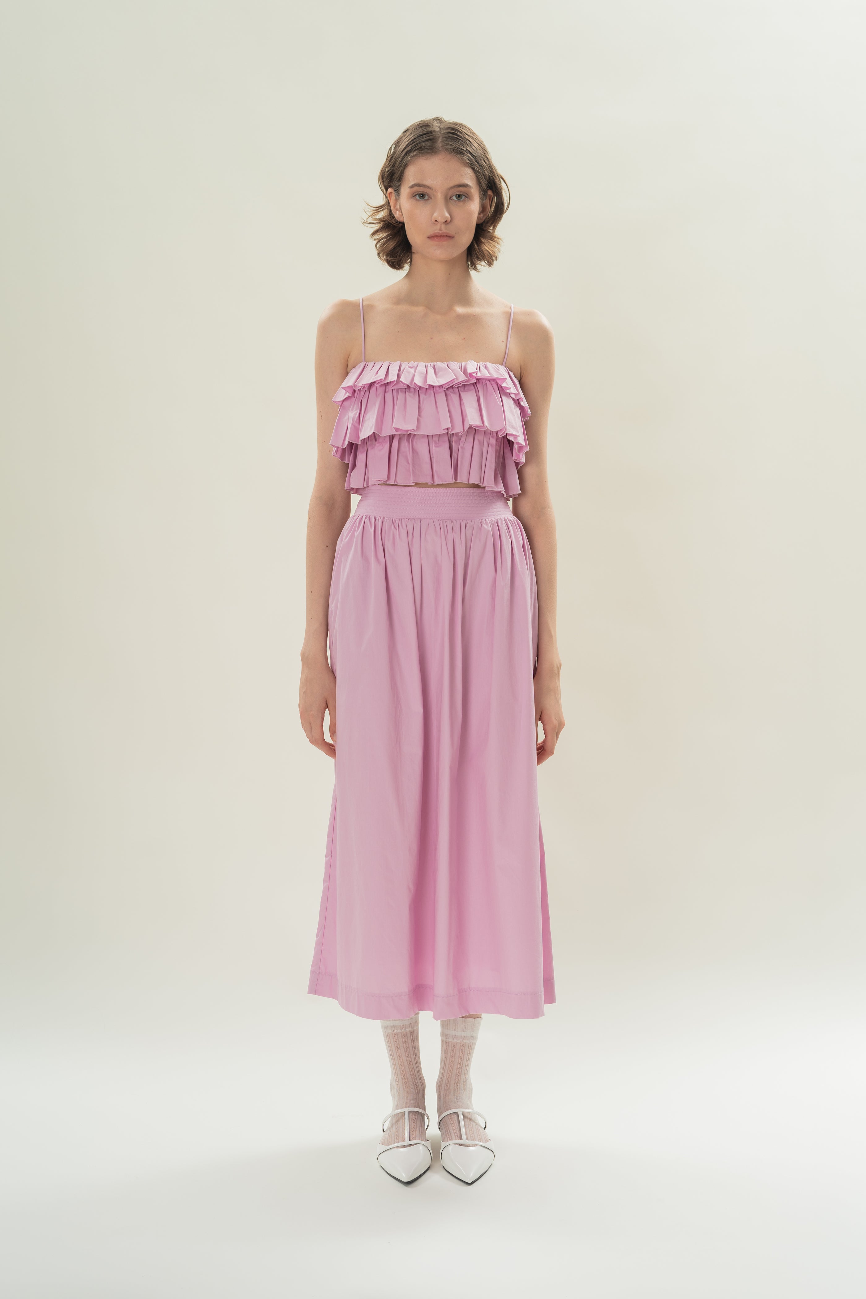 Stitched Waistband Gathered Midi Skirt in Hibiscus