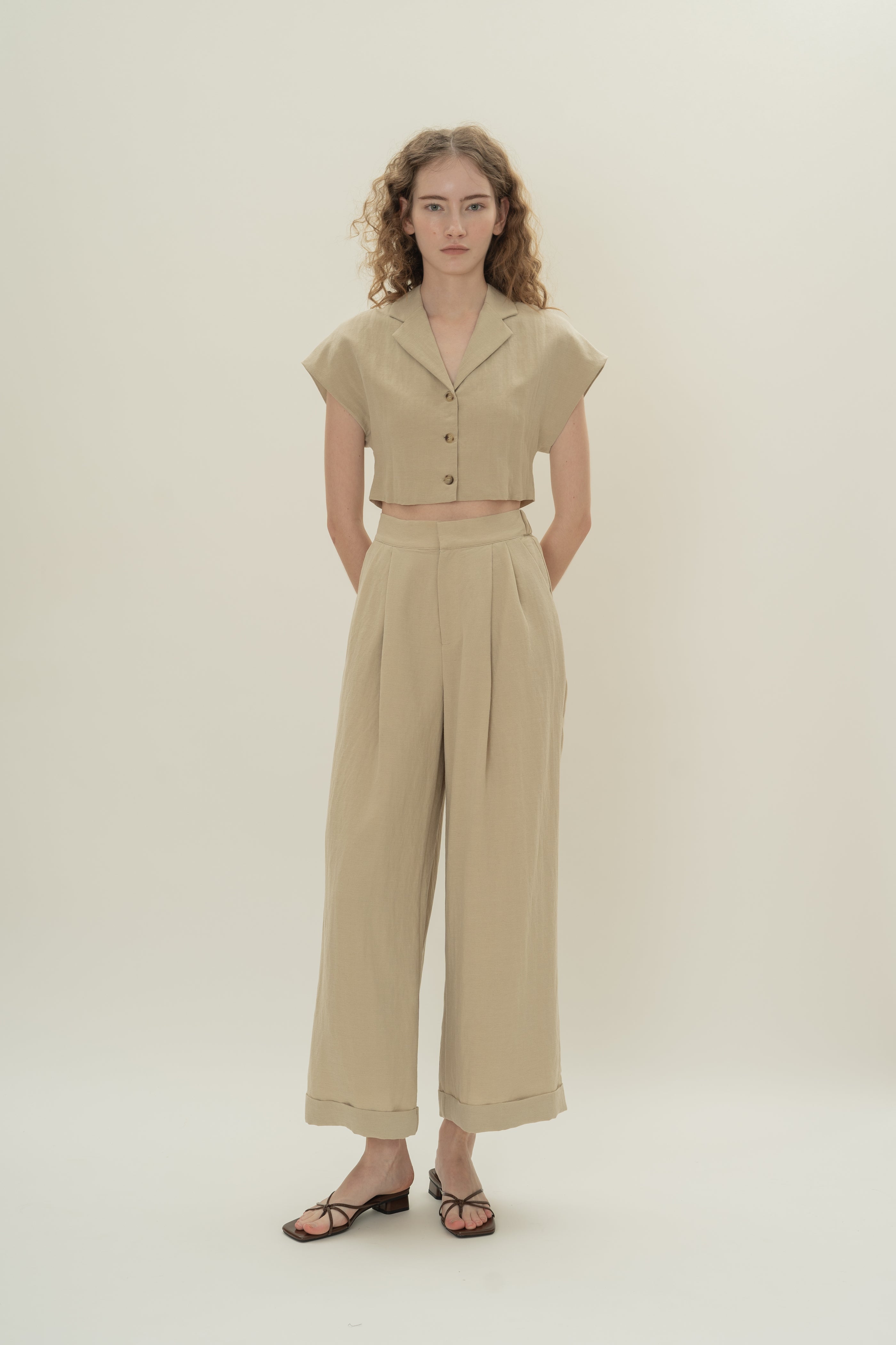 Cropped Shirt With Lapel Collar in Khaki