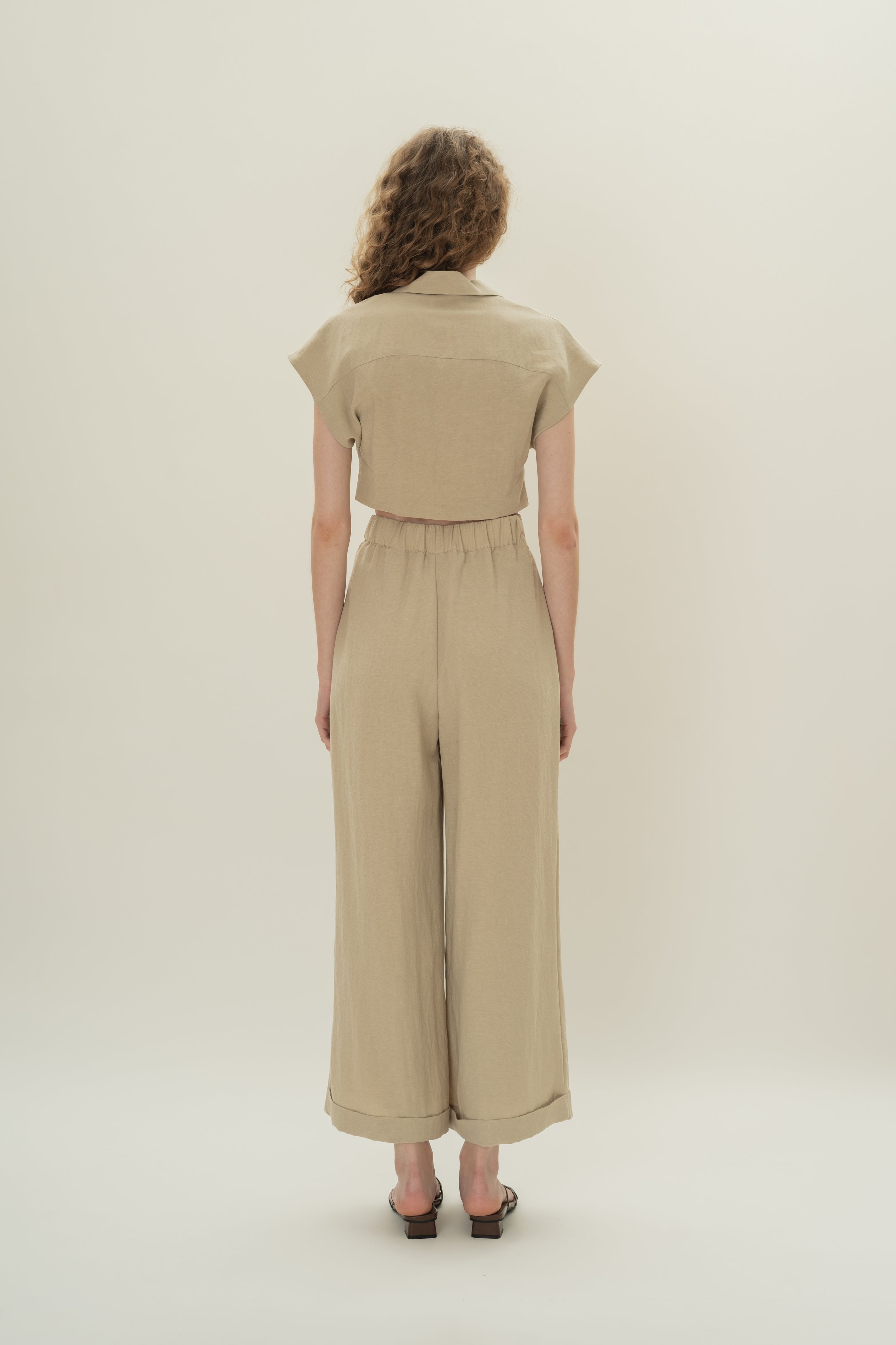 Cropped Shirt With Lapel Collar in Khaki