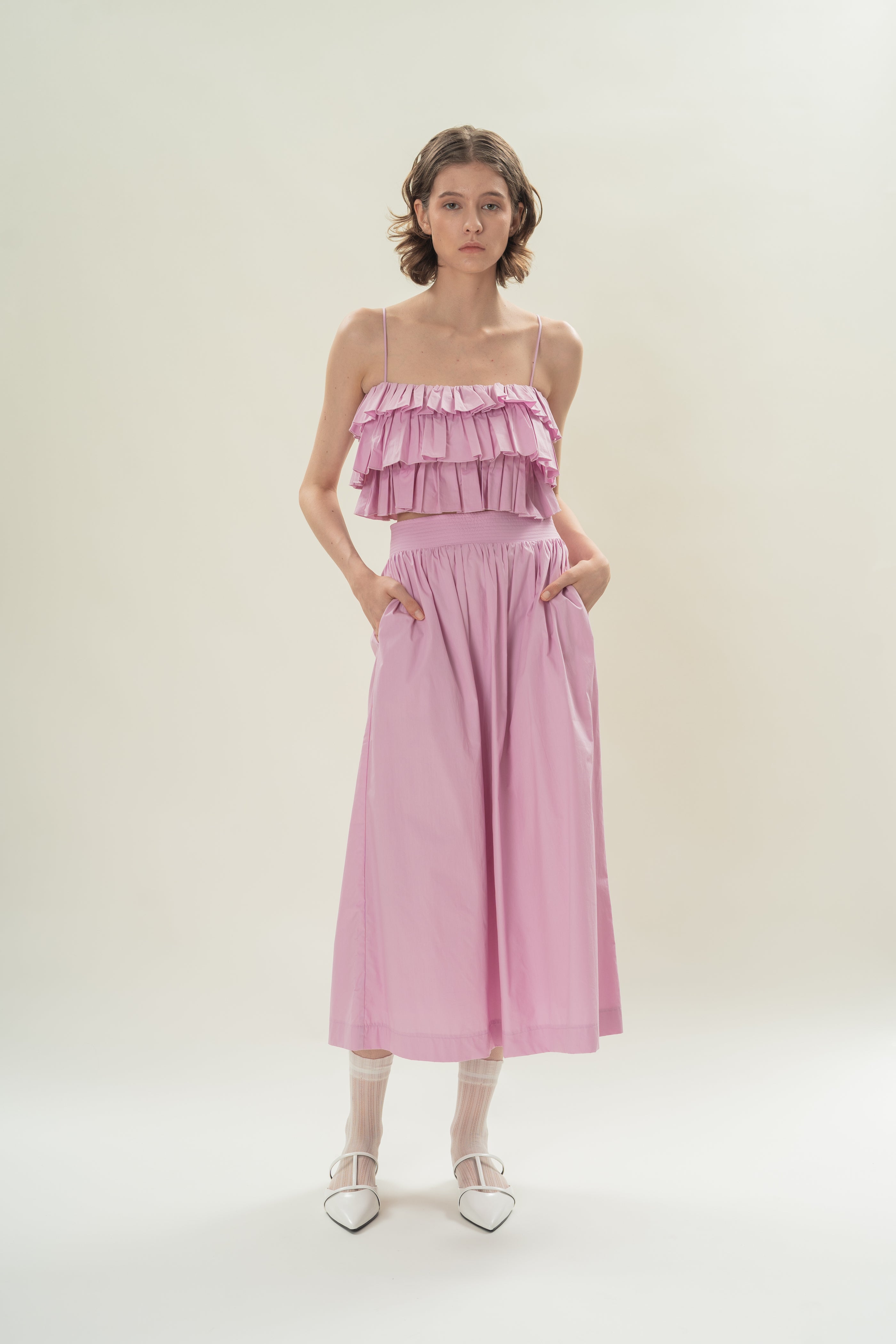 Stitched Waistband Gathered Midi Skirt in Hibiscus