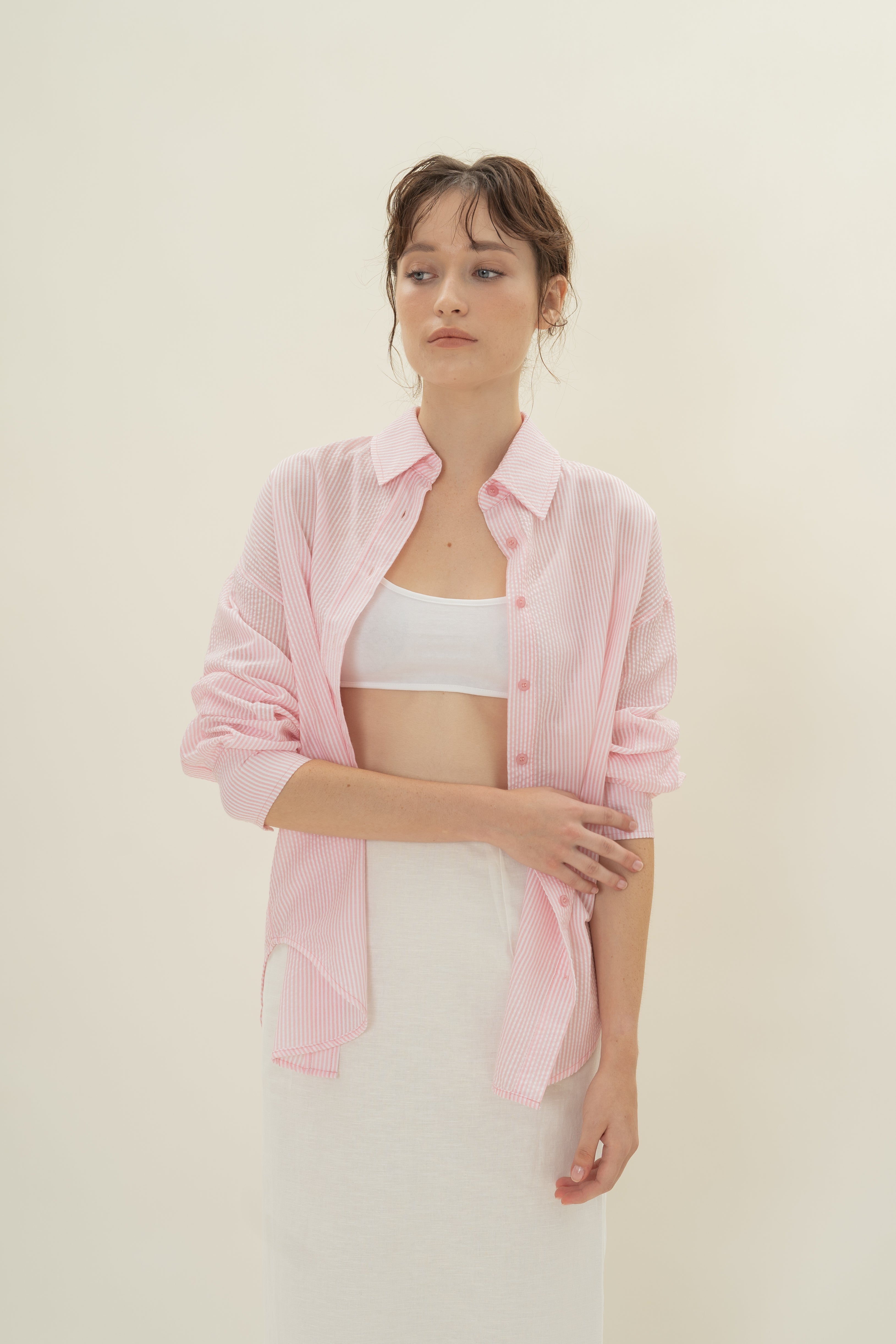 Cruise Long Sleeved Shirt in Seersucker Pink Stripes