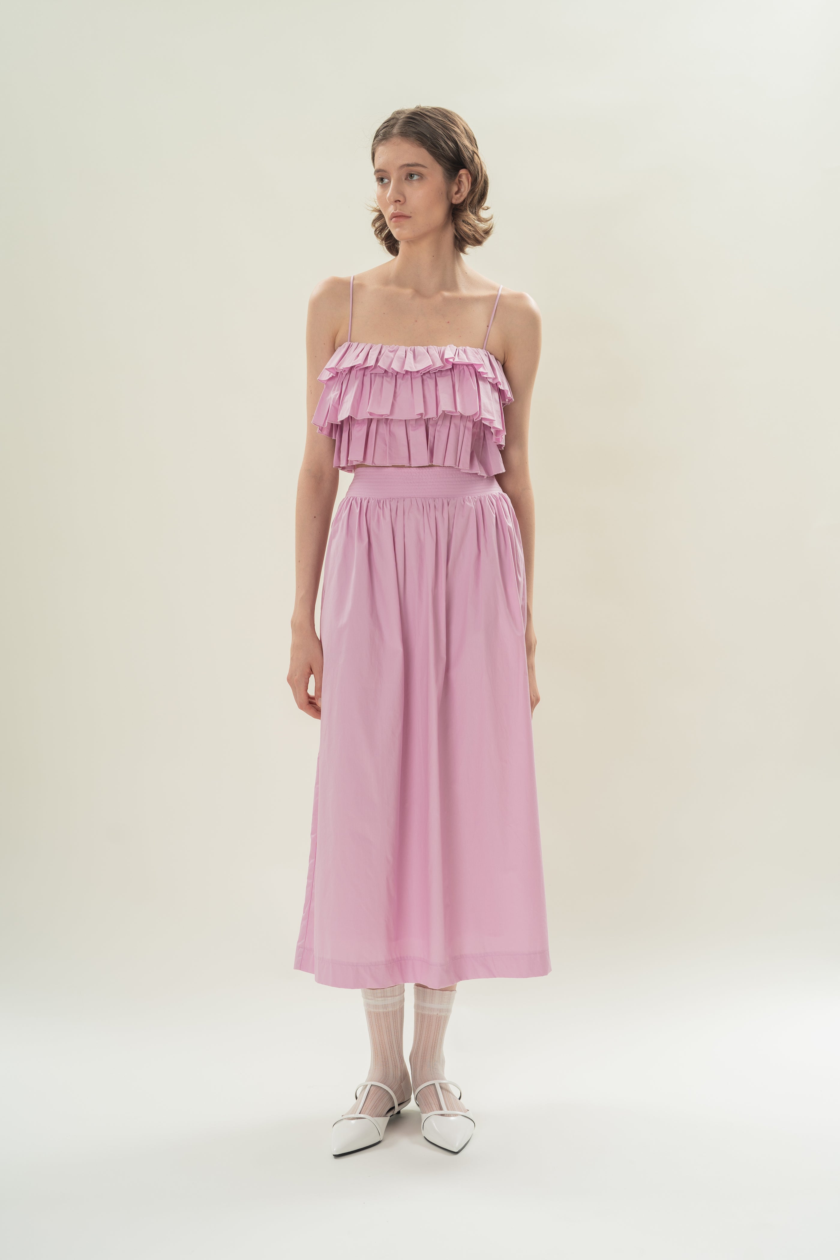 Stitched Waistband Gathered Midi Skirt in Hibiscus