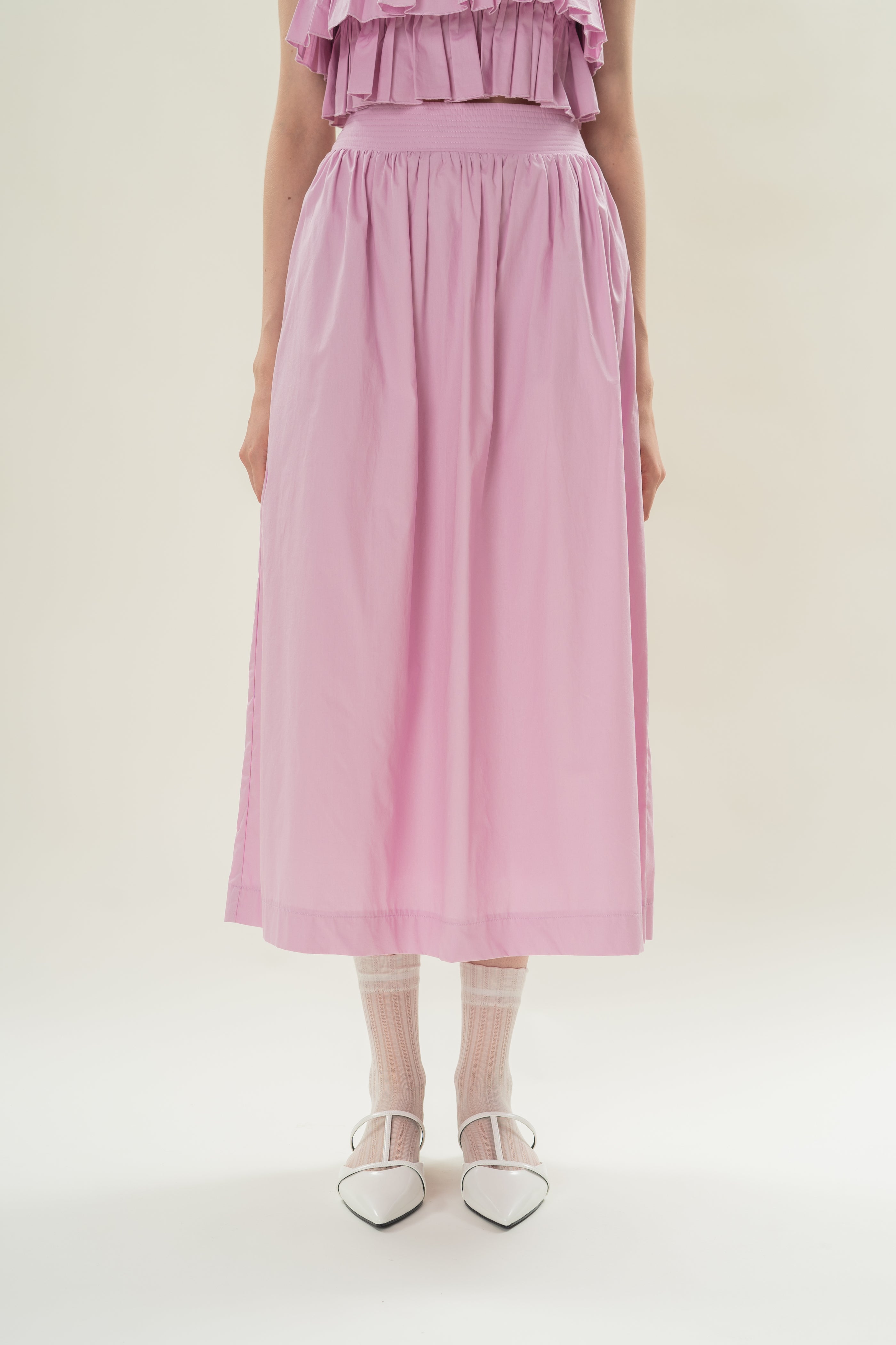 Stitched Waistband Gathered Midi Skirt in Hibiscus