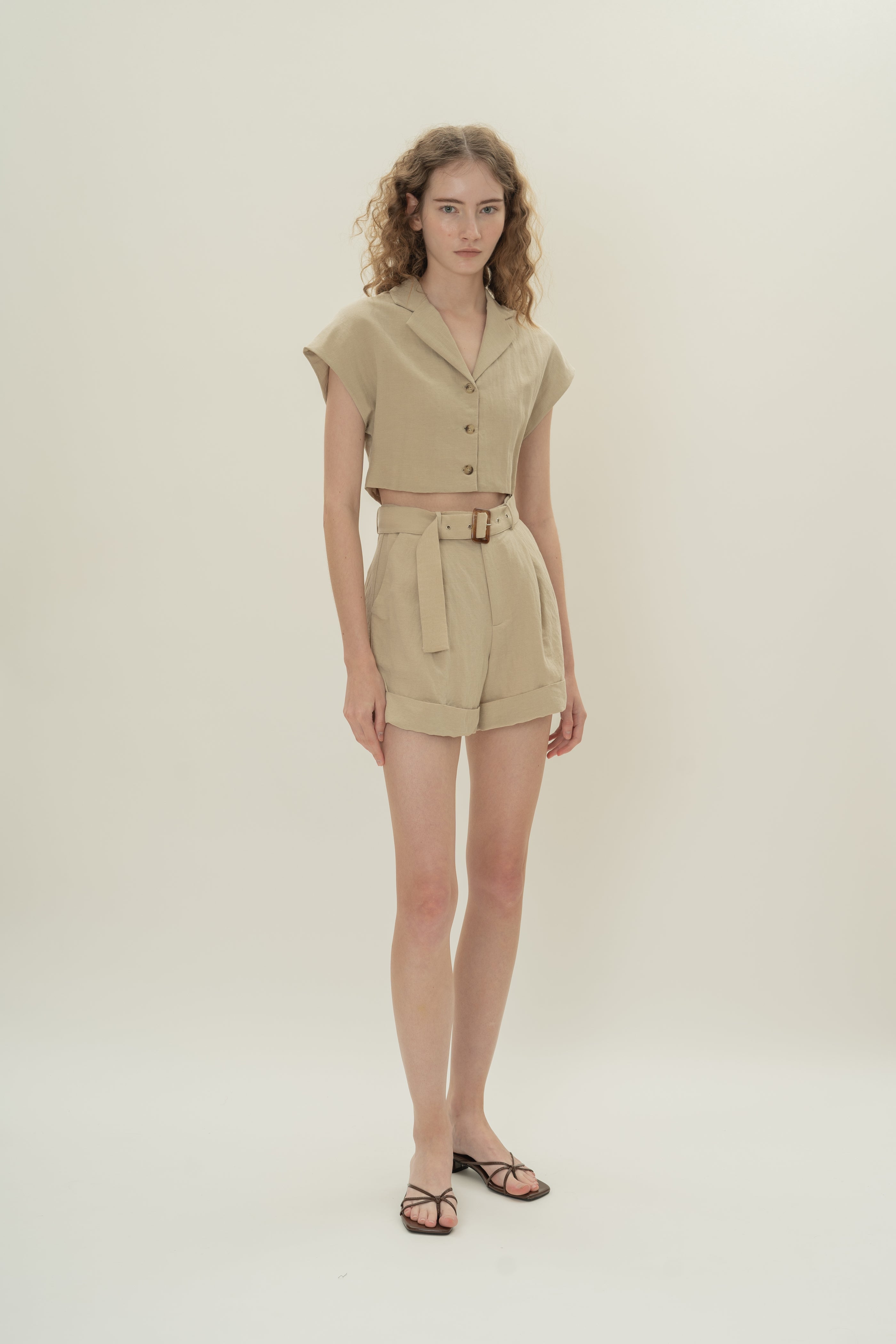 Belted Pleated Shorts in Khaki