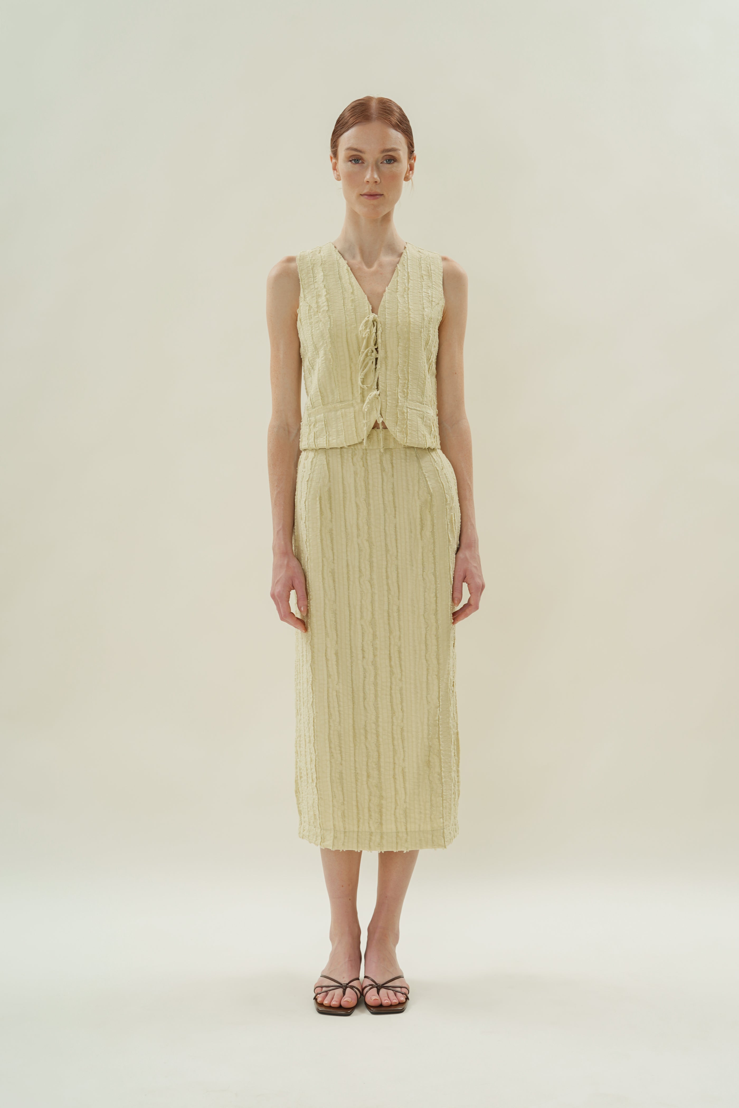 Soft Textured Sleeveless Tie-Detailed Waistcoat in Sage