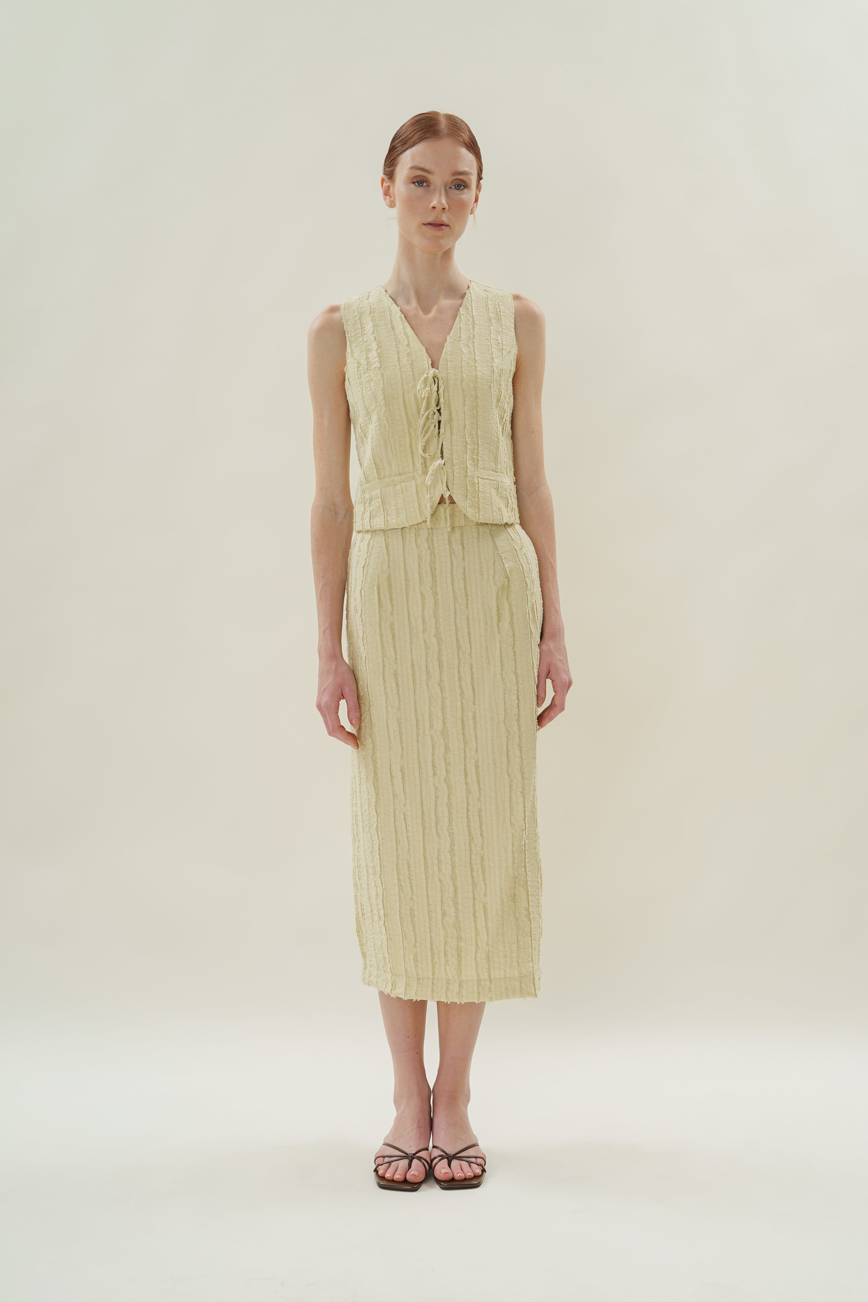 Soft Textured Sleeveless Tie-Detailed Waistcoat in Sage