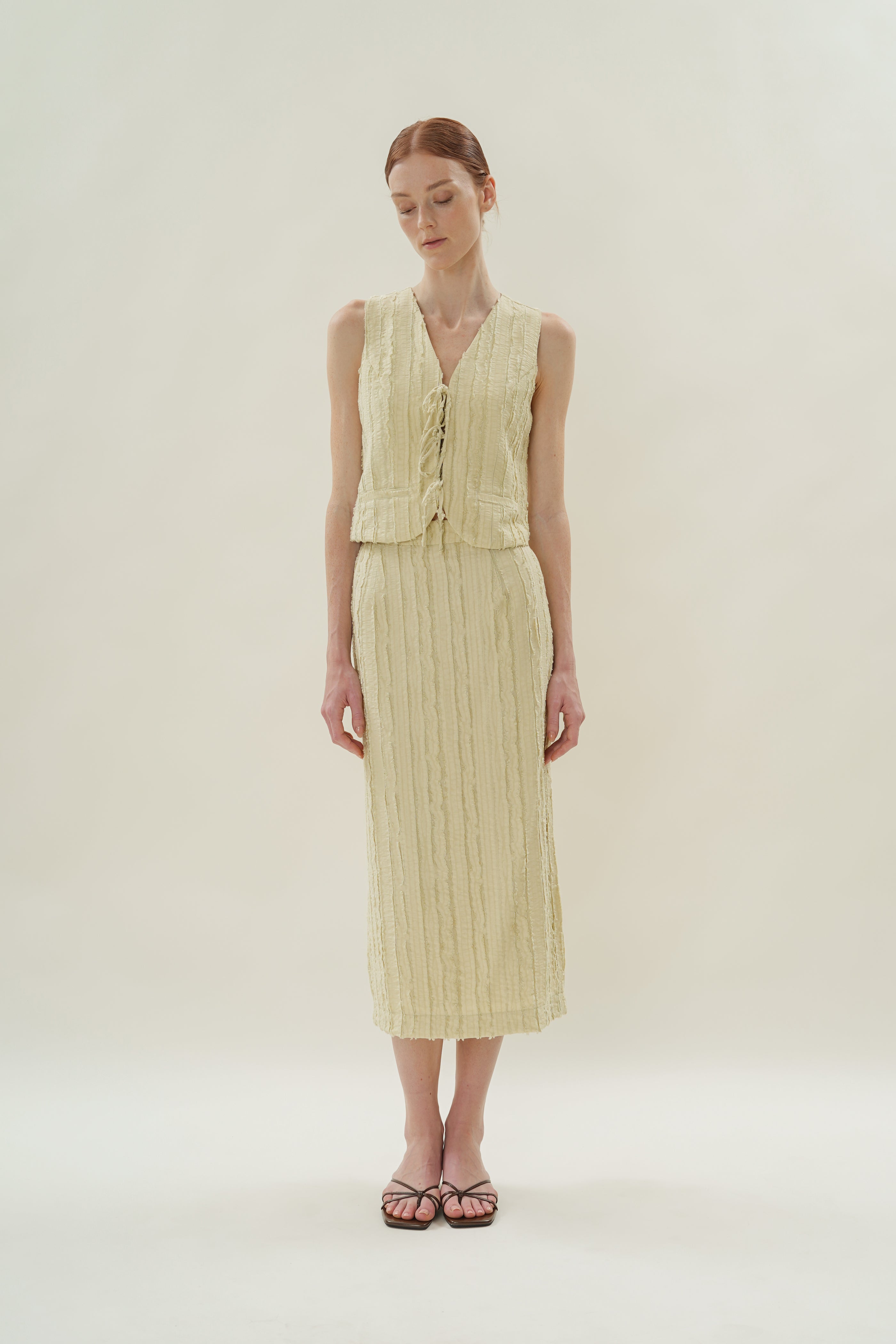 Soft Textured Sleeveless Tie-Detailed Waistcoat in Sage