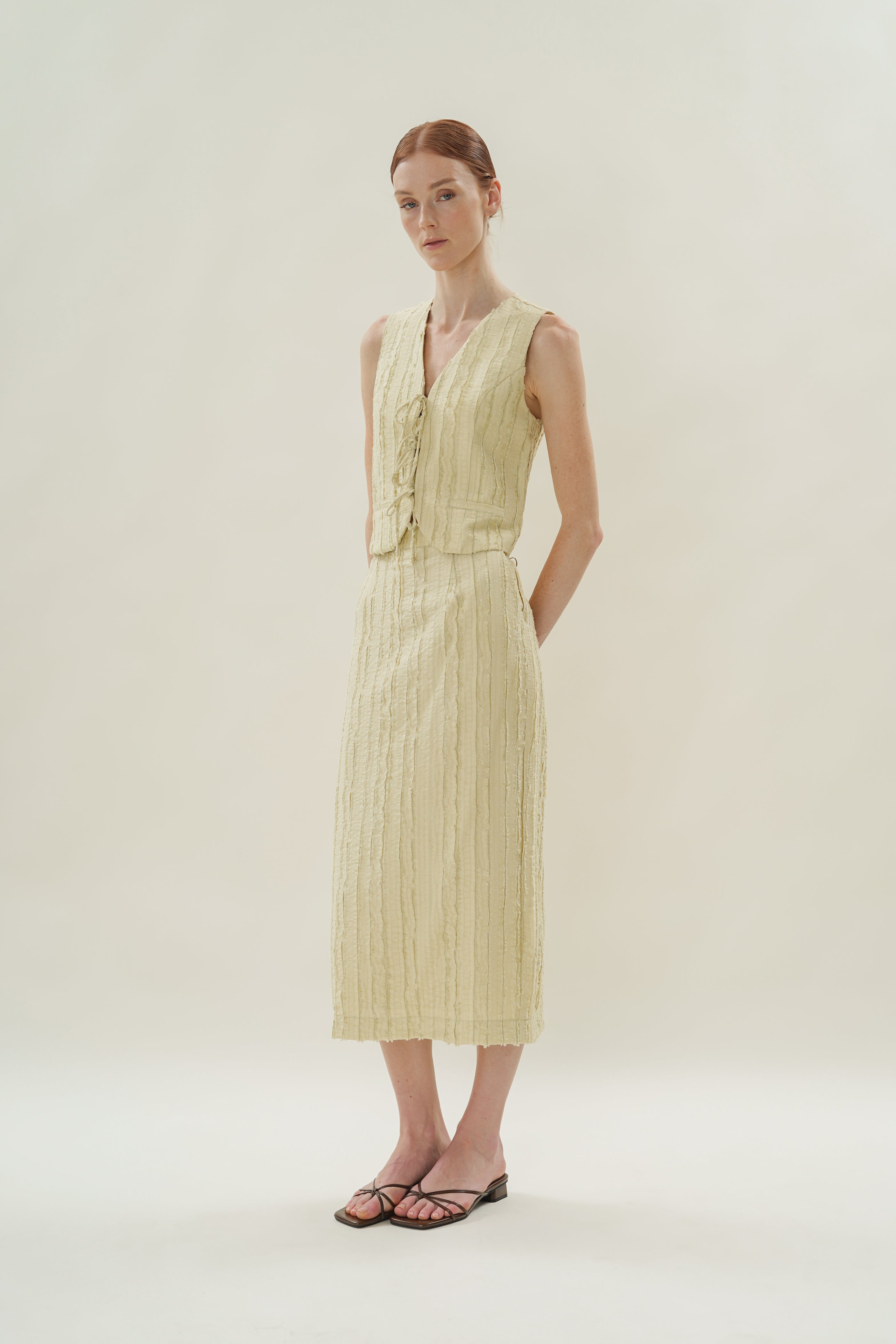 Soft Textured Sleeveless Tie-Detailed Waistcoat in Sage