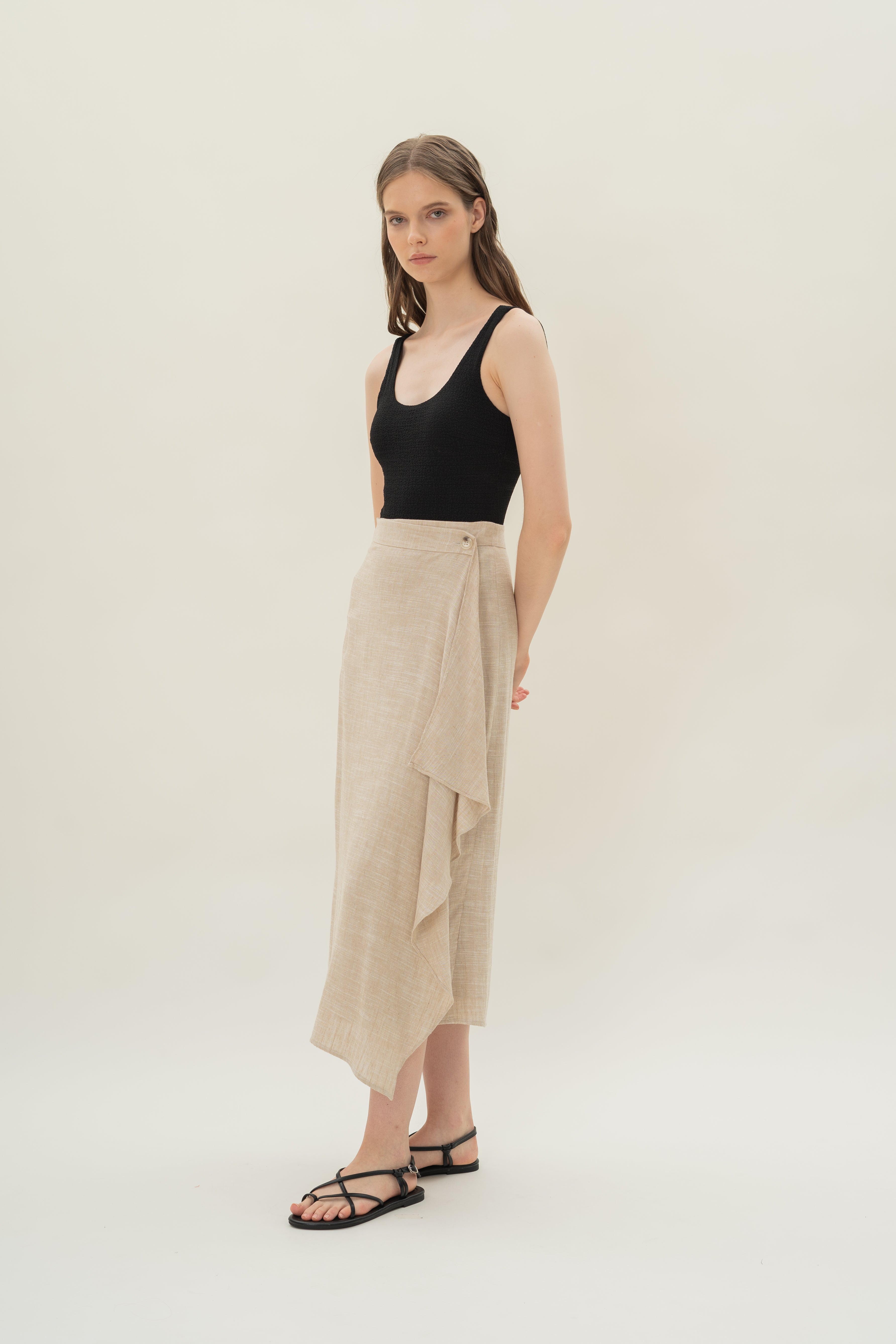 Linen Blend Wrap Skirt in Natural
