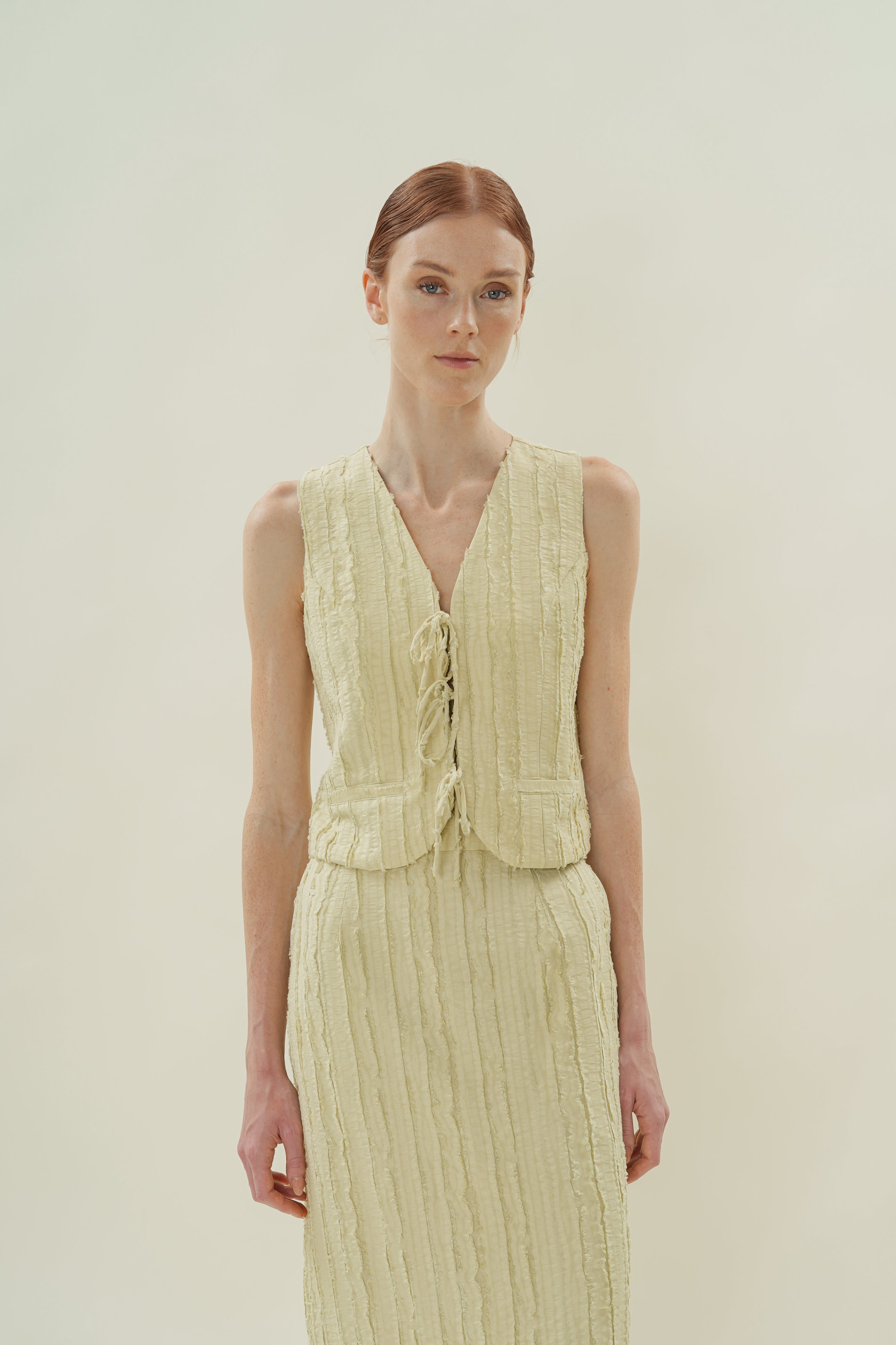 Soft Textured Sleeveless Tie-Detailed Waistcoat in Sage