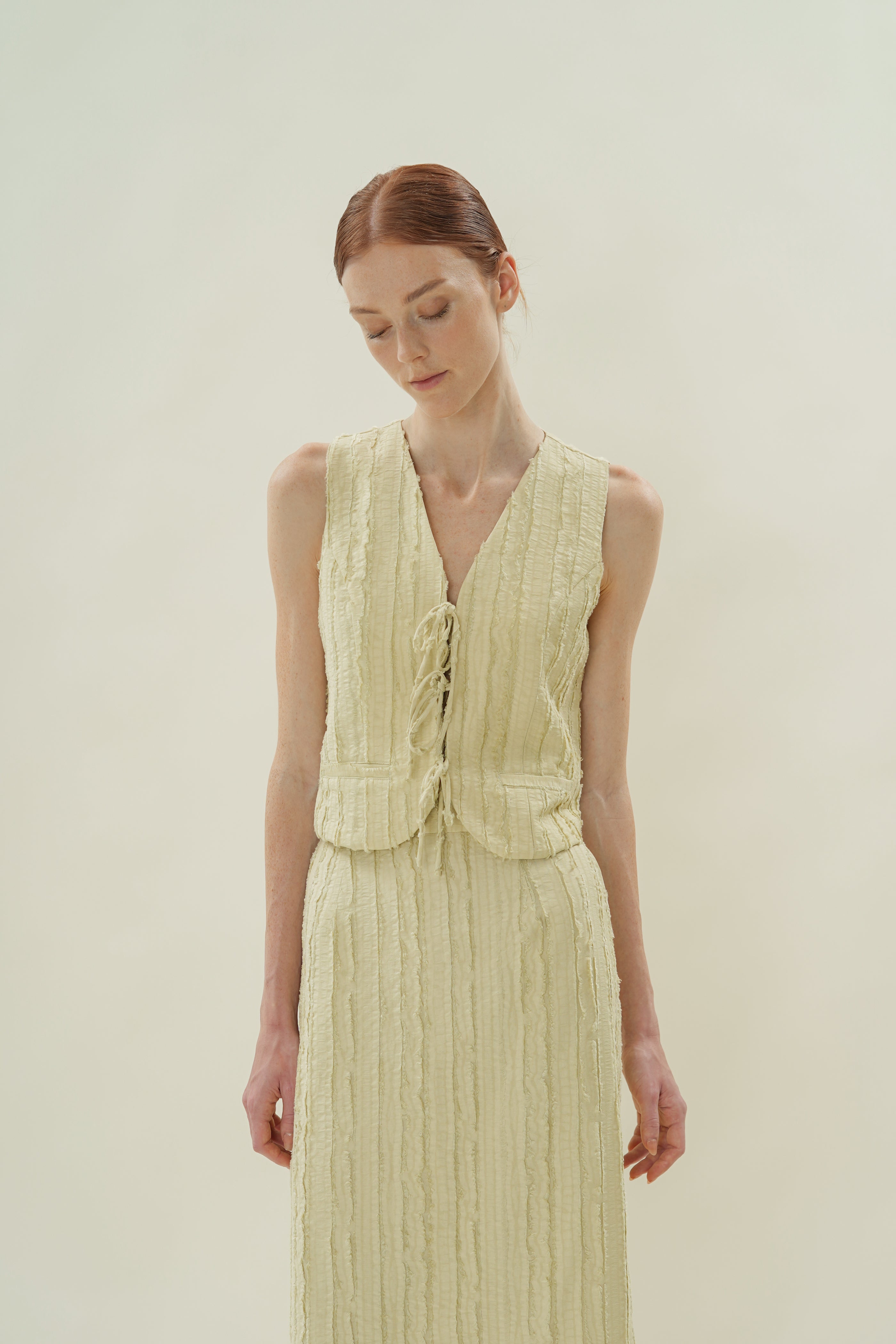 Soft Textured Sleeveless Tie-Detailed Waistcoat in Sage