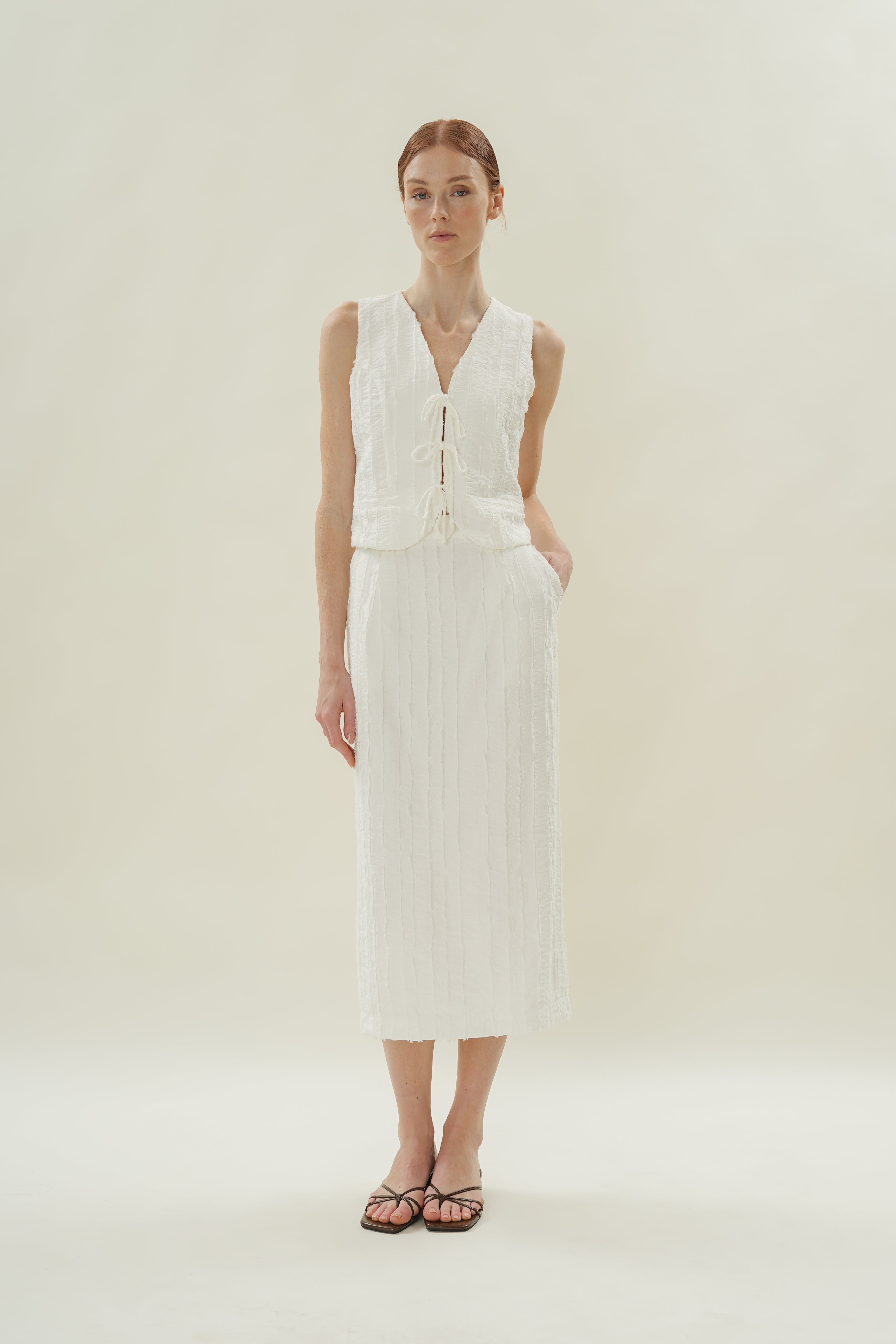 Soft Textured Sleeveless Tie-Detailed Waistcoat in White