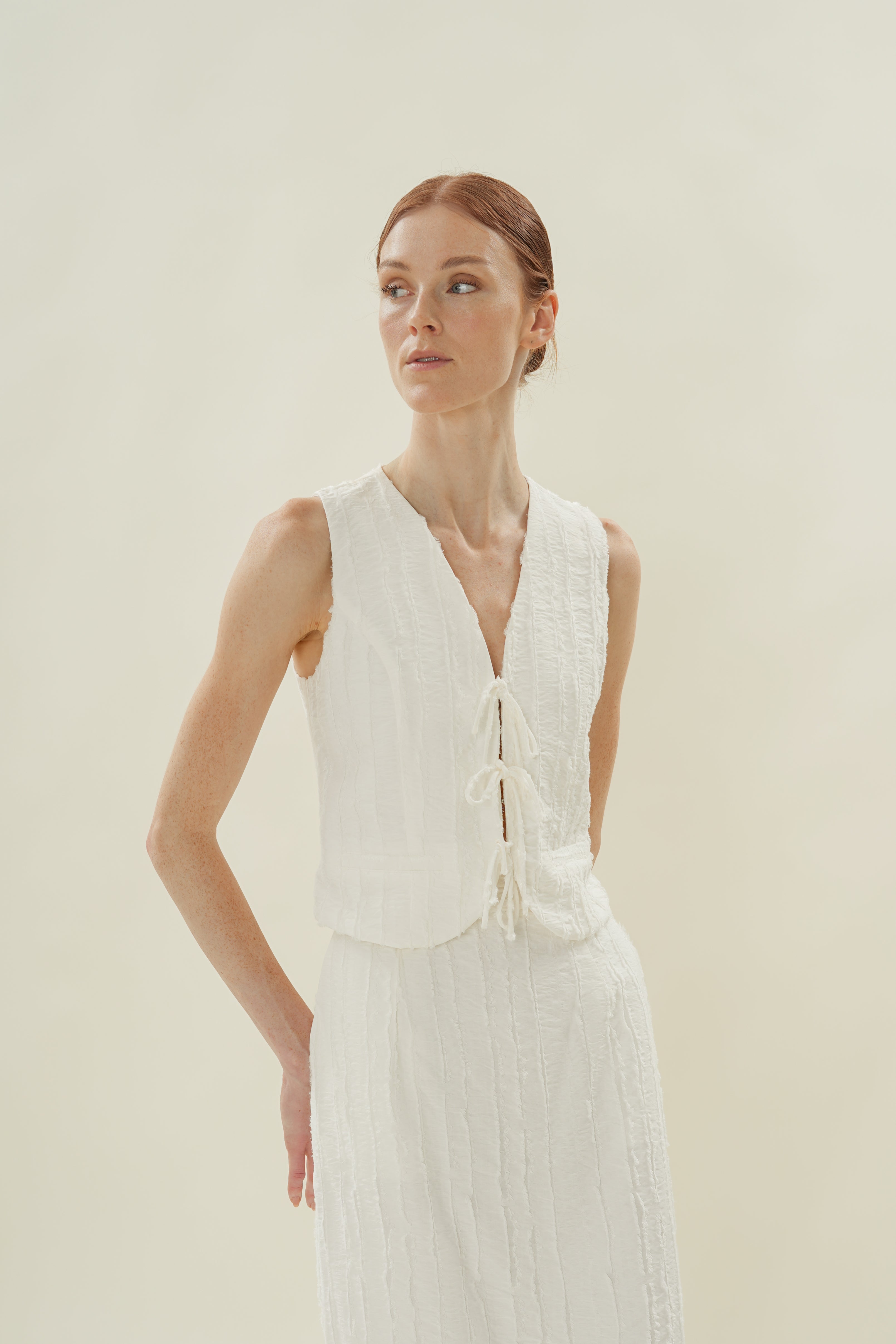 Soft Textured Sleeveless Tie-Detailed Waistcoat in White