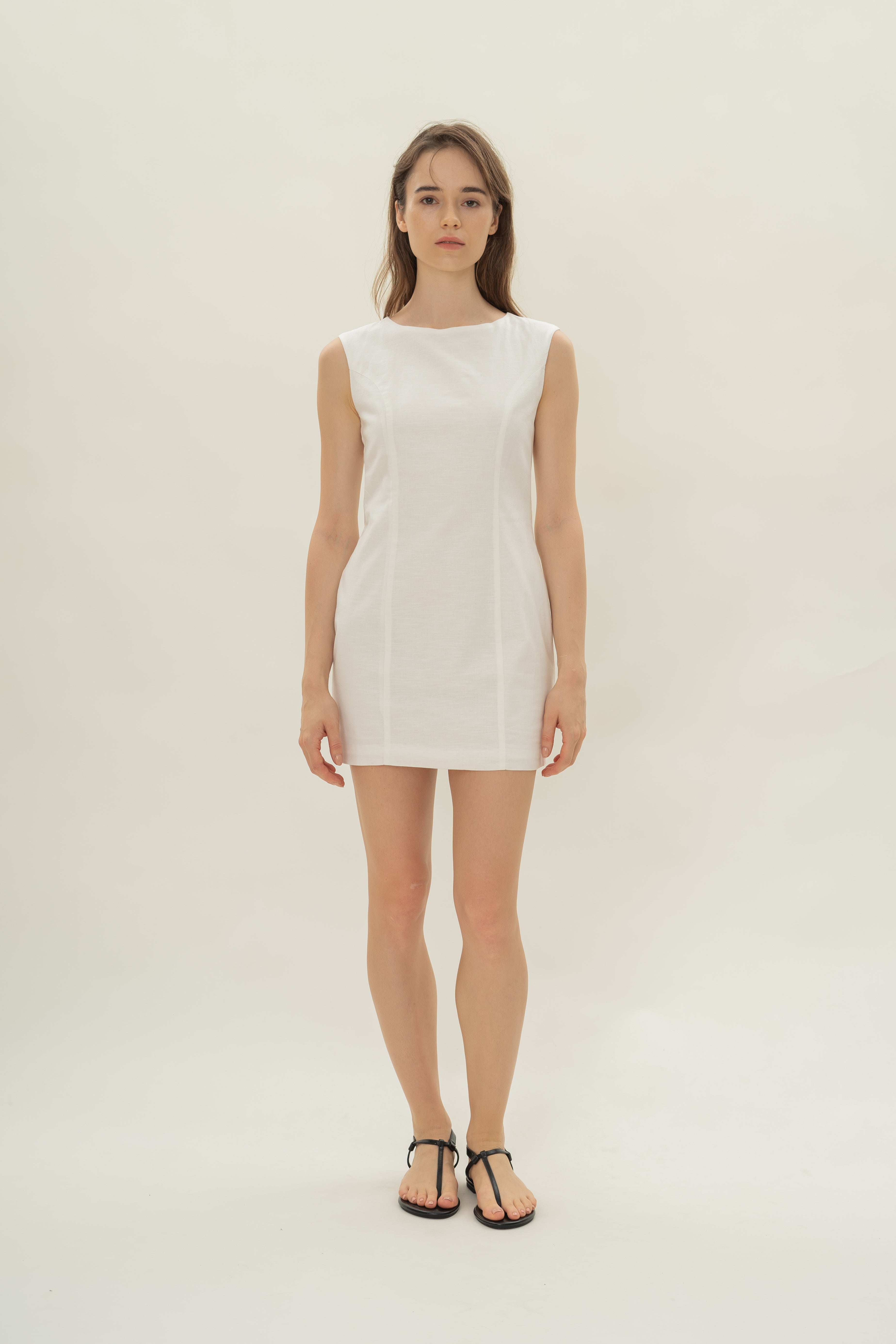 Boat Neck Mini Dress in White