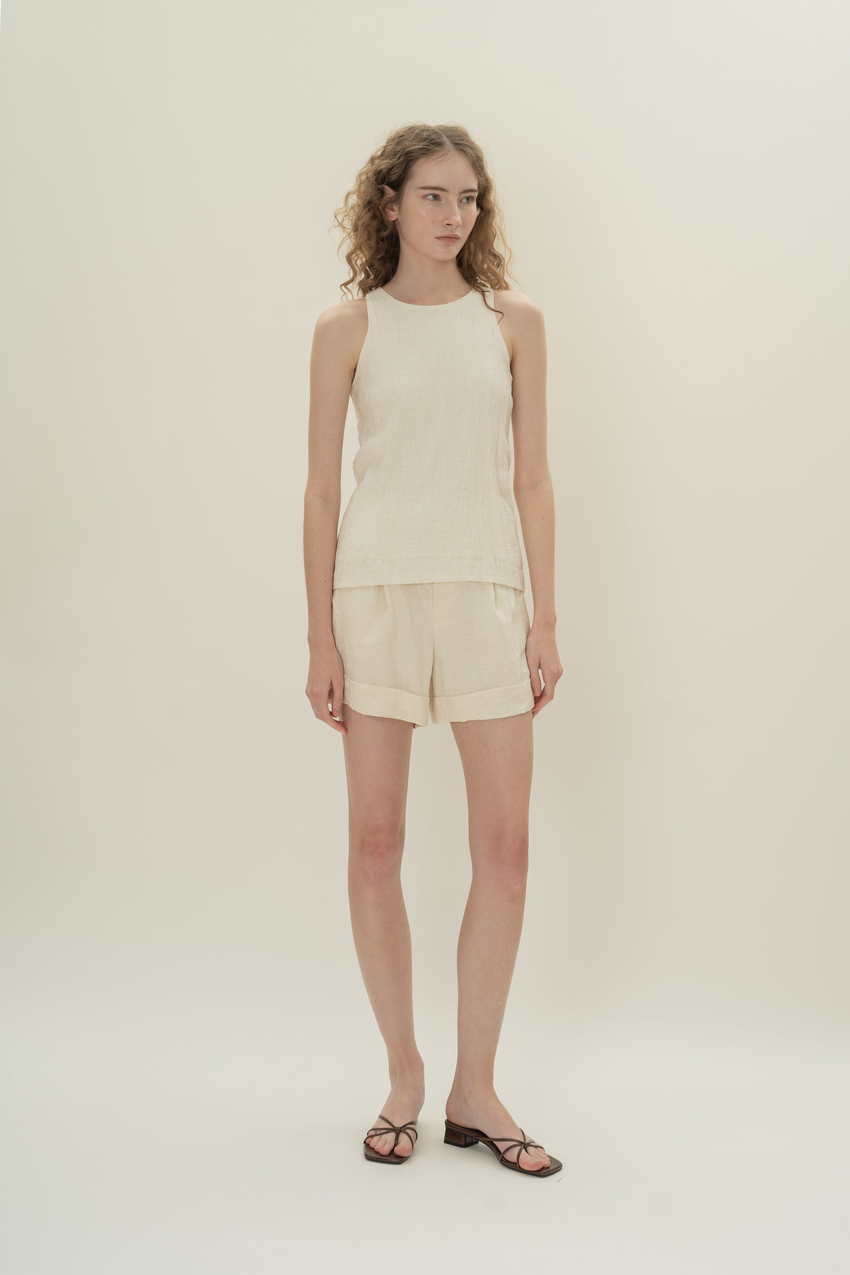 Cotton Blend Textured Round Neck Top in White