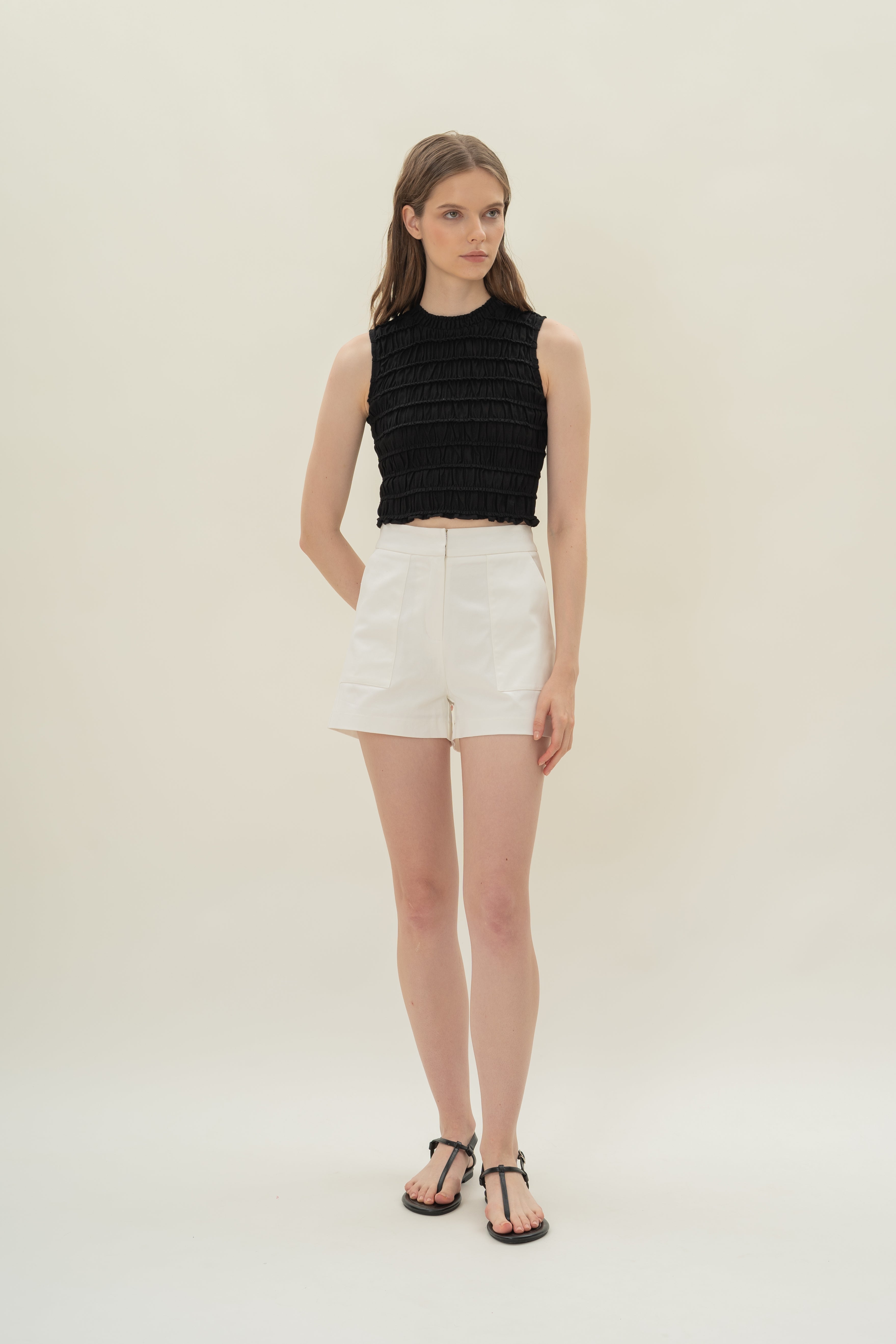 Linen Shirred Top in Black
