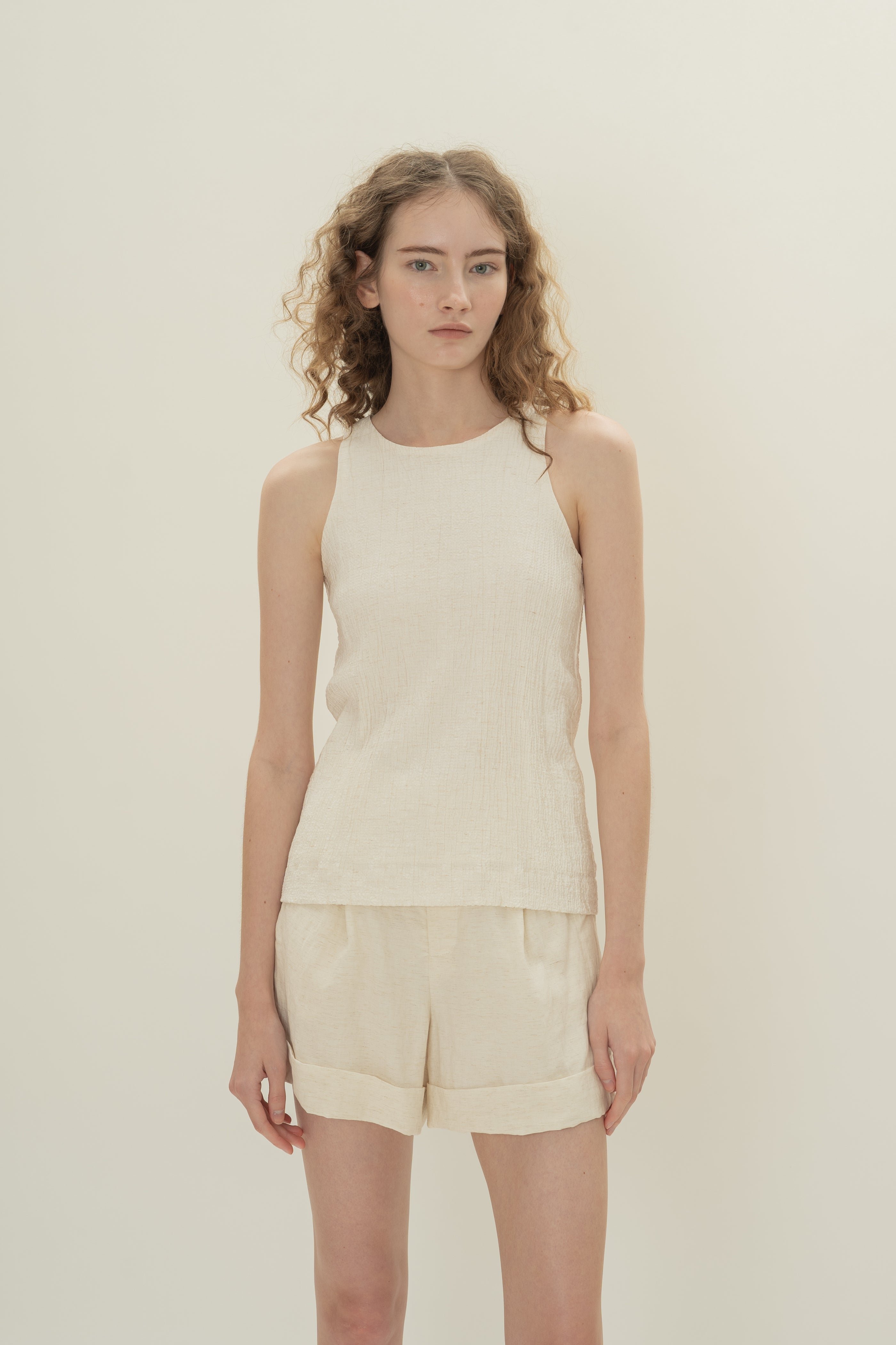 Cotton Blend Textured Round Neck Top in White