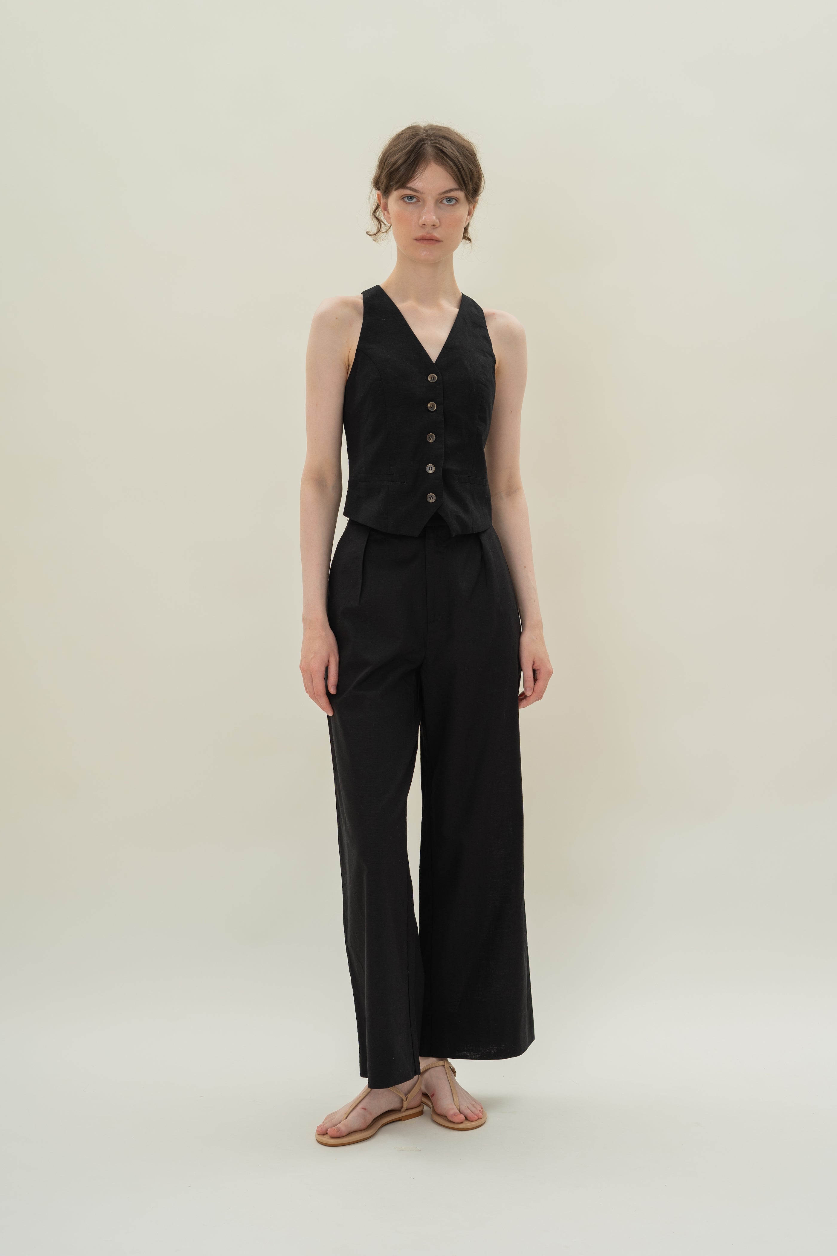 Linen Halter Padded Waistcoat in Black