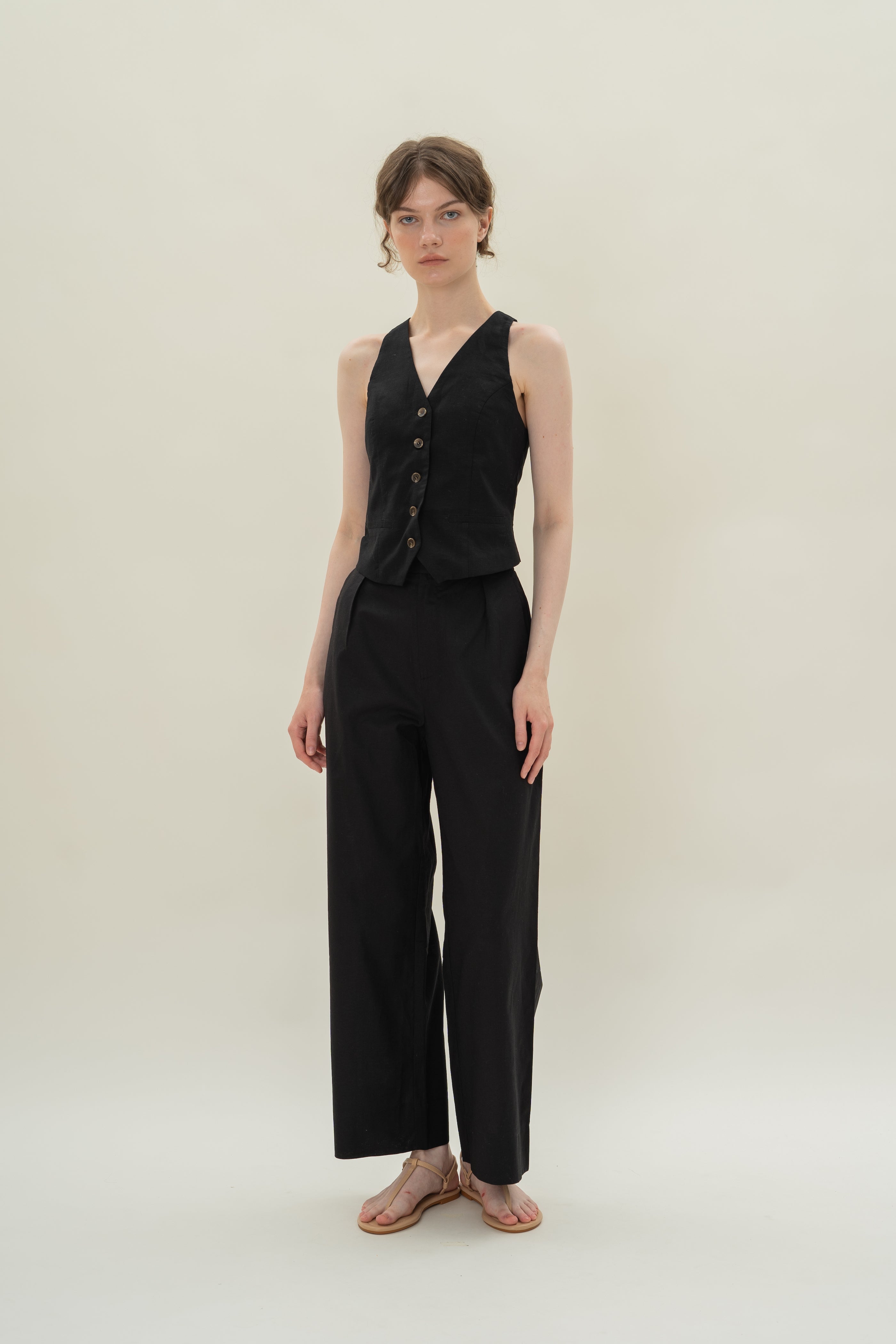 Linen Halter Padded Waistcoat in Black