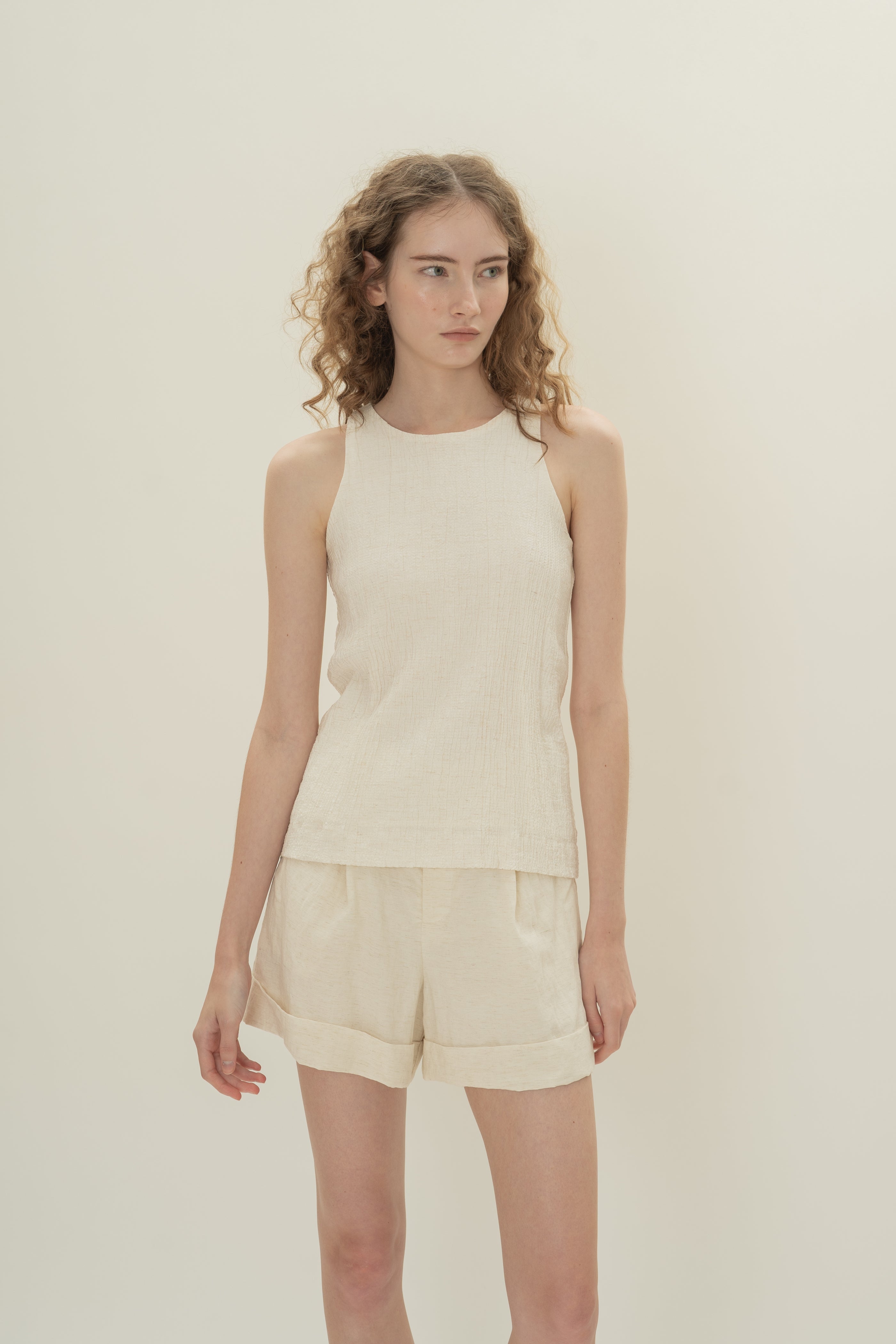 Cotton Blend Textured Round Neck Top in White