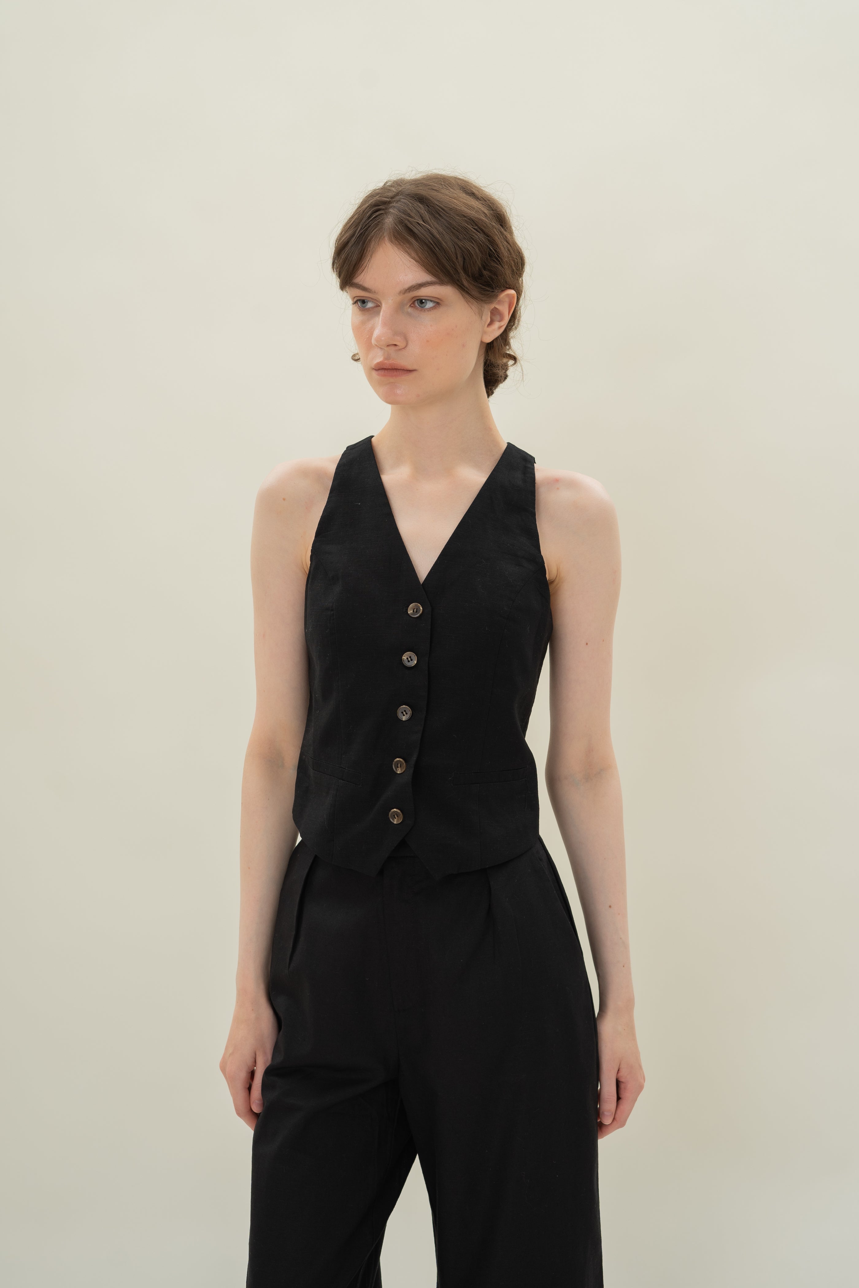 Linen Halter Padded Waistcoat in Black